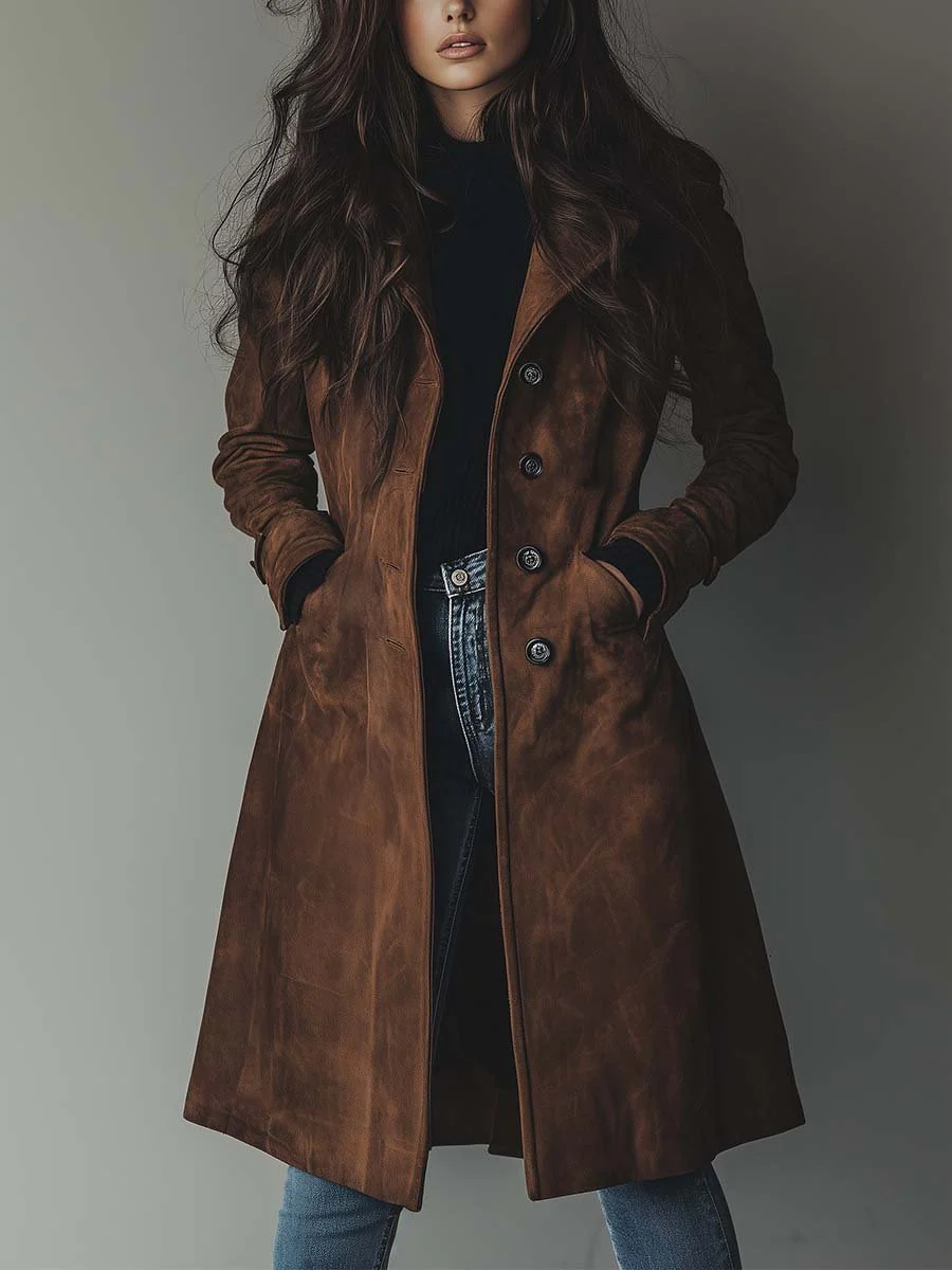 Trench élégant en suède marron Sienna de Danoir Paris, coupe sophistiquée et détails raffinés, pour un style chic et intemporel.