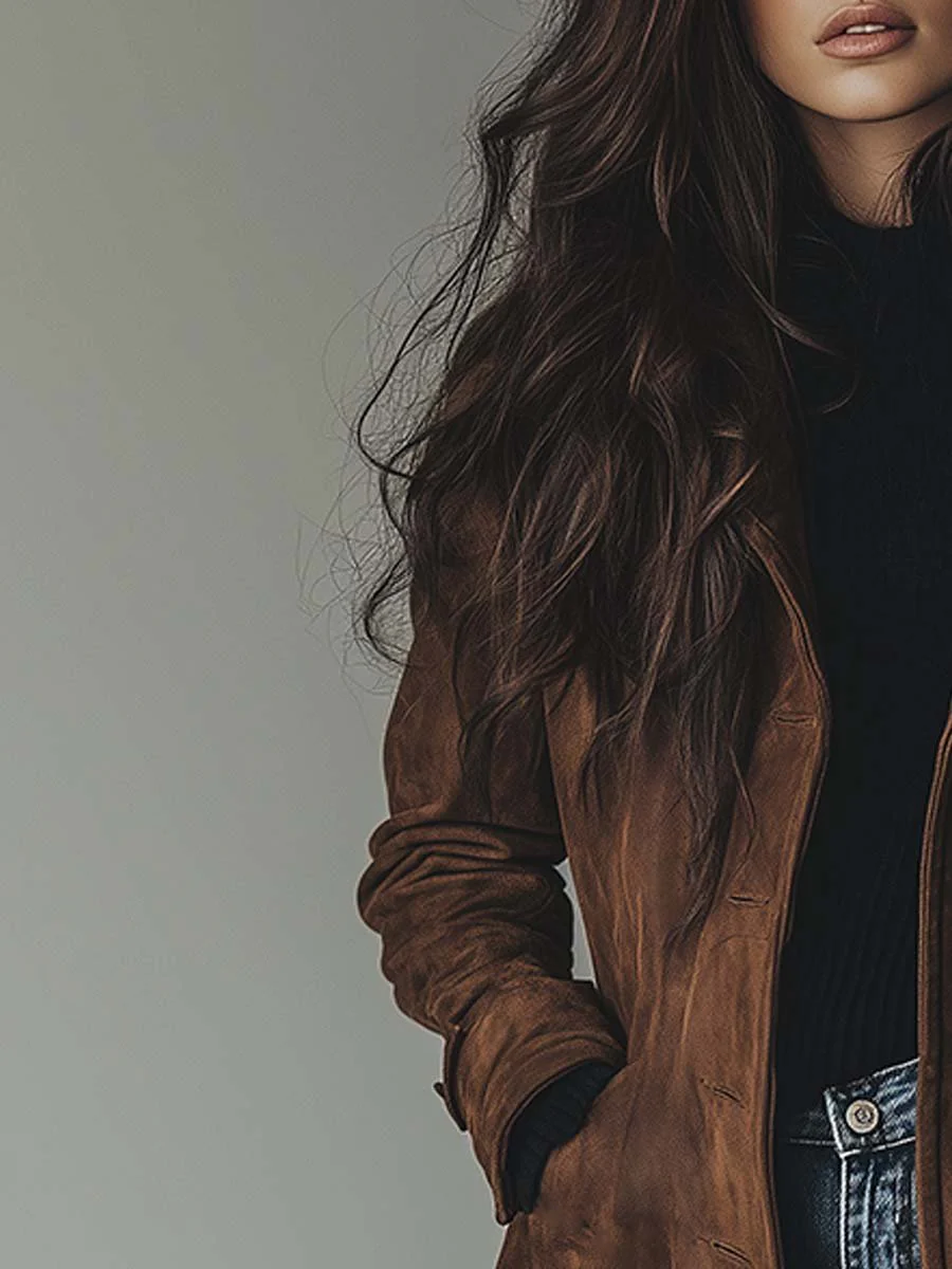 Trench élégant en suède marron Sienna de Danoir Paris, coupe sophistiquée et détails raffinés visibles sur l'image.