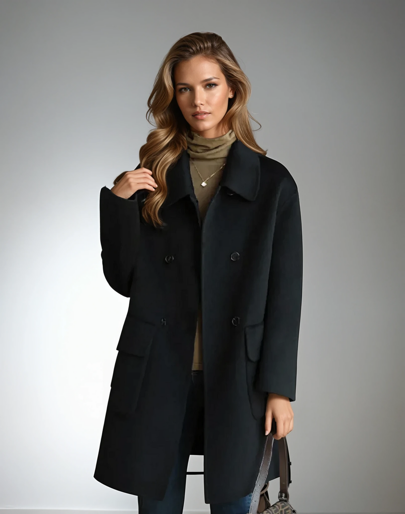 Manteau cachemire beige Megan de Danoir Paris, élégant, coupe droite, col rond, porté avec accessoires.