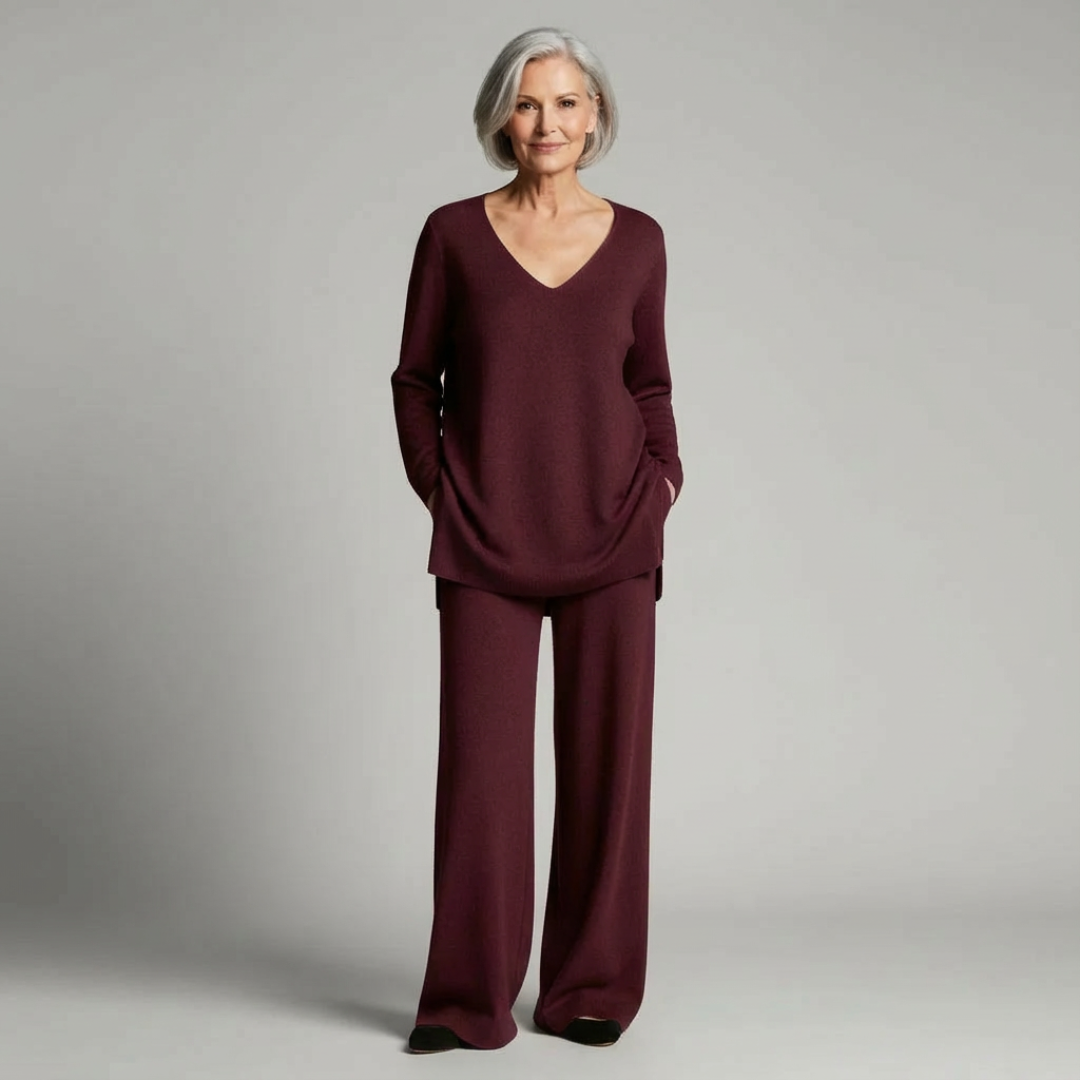 Ensemble élégant et confortable de Danoir Paris, modèle FR1518, couleur bordeaux, porté par un mannequin.