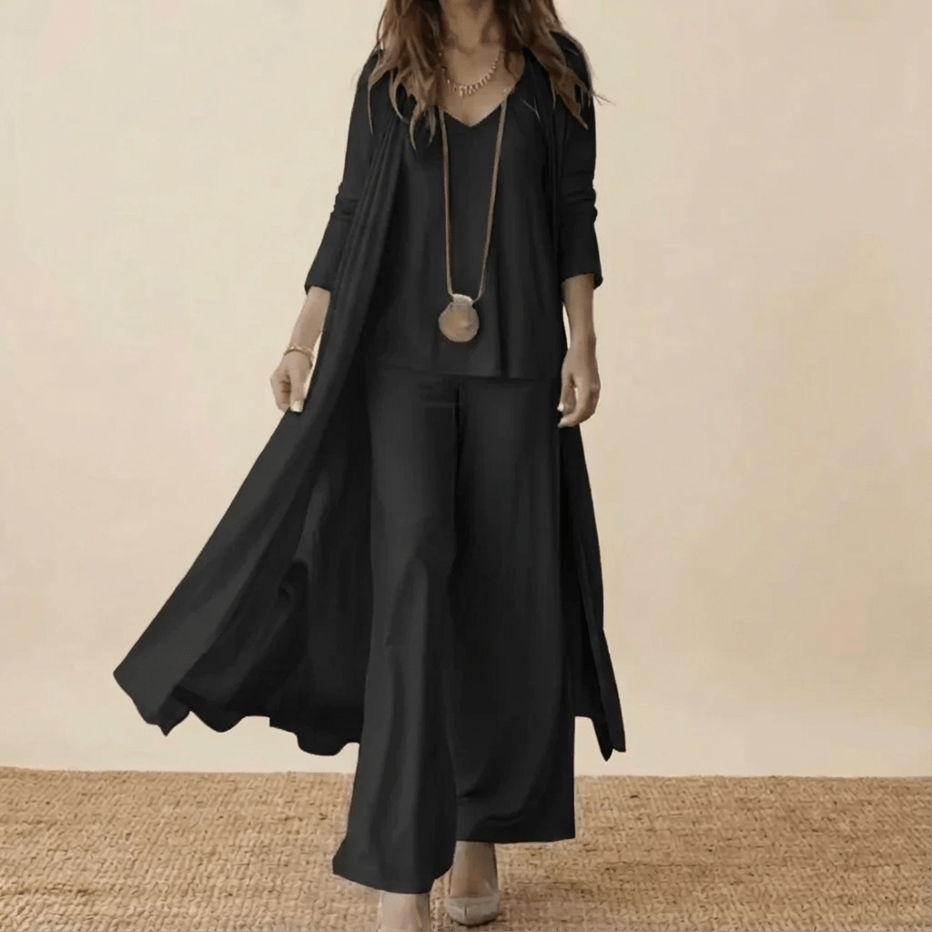 Ensemble élégant 3 pièces Barbara de Danoir Paris, costume taupe avec veste, pantalon et chemisier sophistiqués.