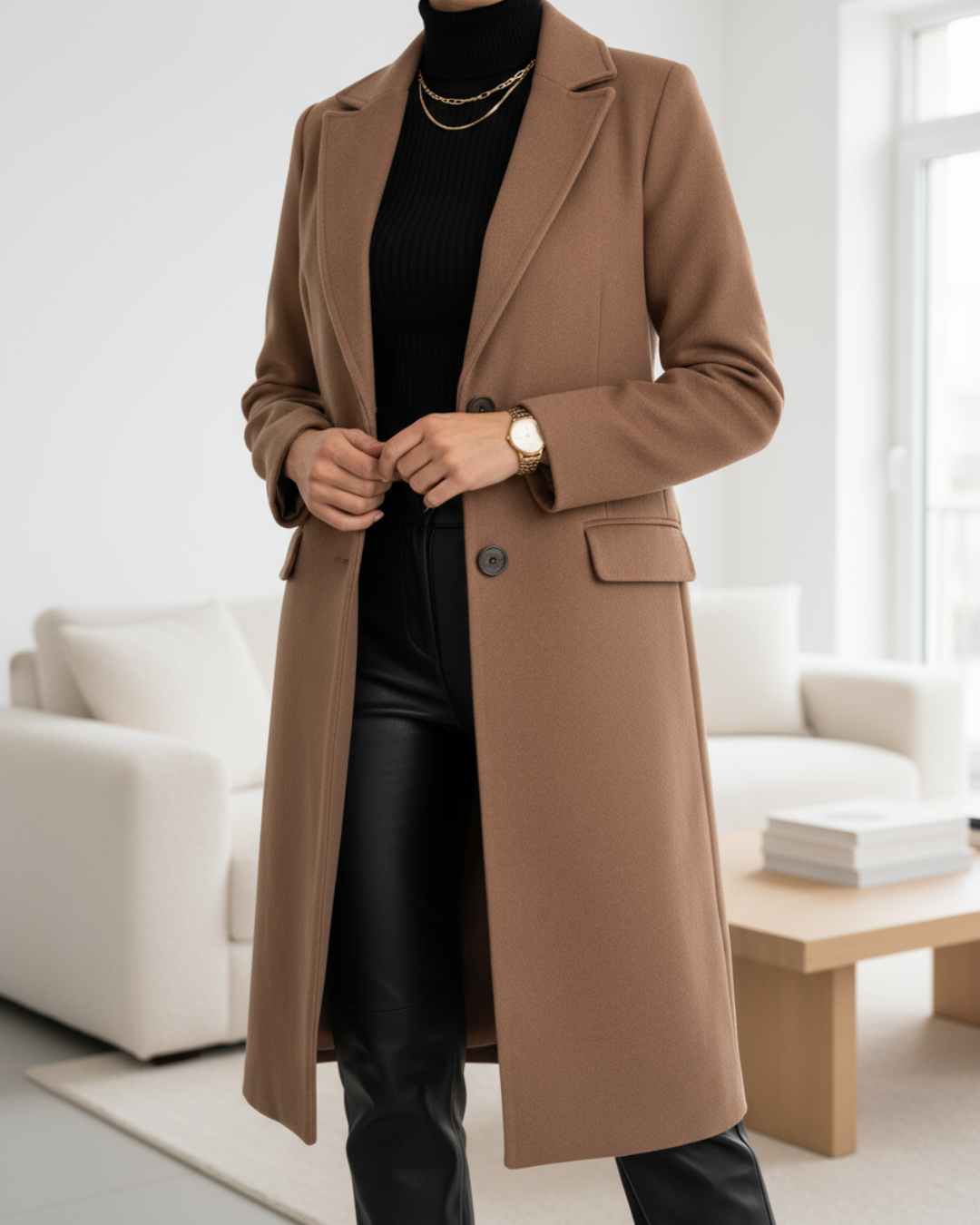 Manteau long élégant Danoir Paris FR1528 en gris, coupe sophistiquée, porté sur un mannequin.