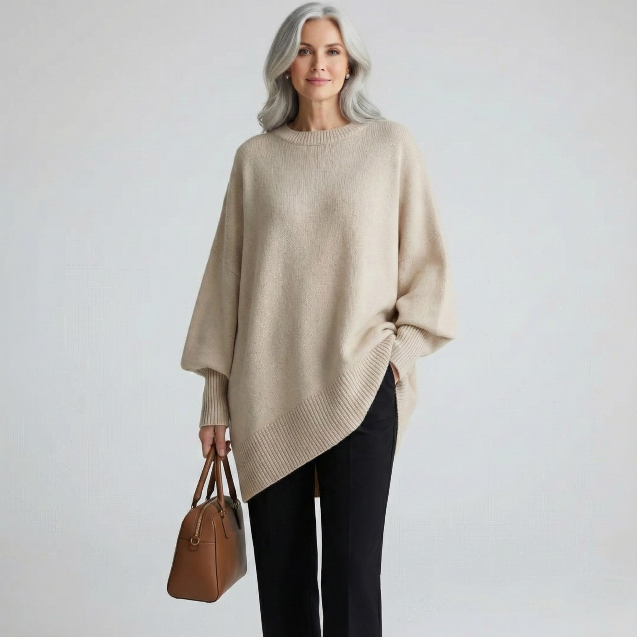 Pull Claudia élégant et confortable de Danoir Paris, en beige, montré porté sur mannequin.