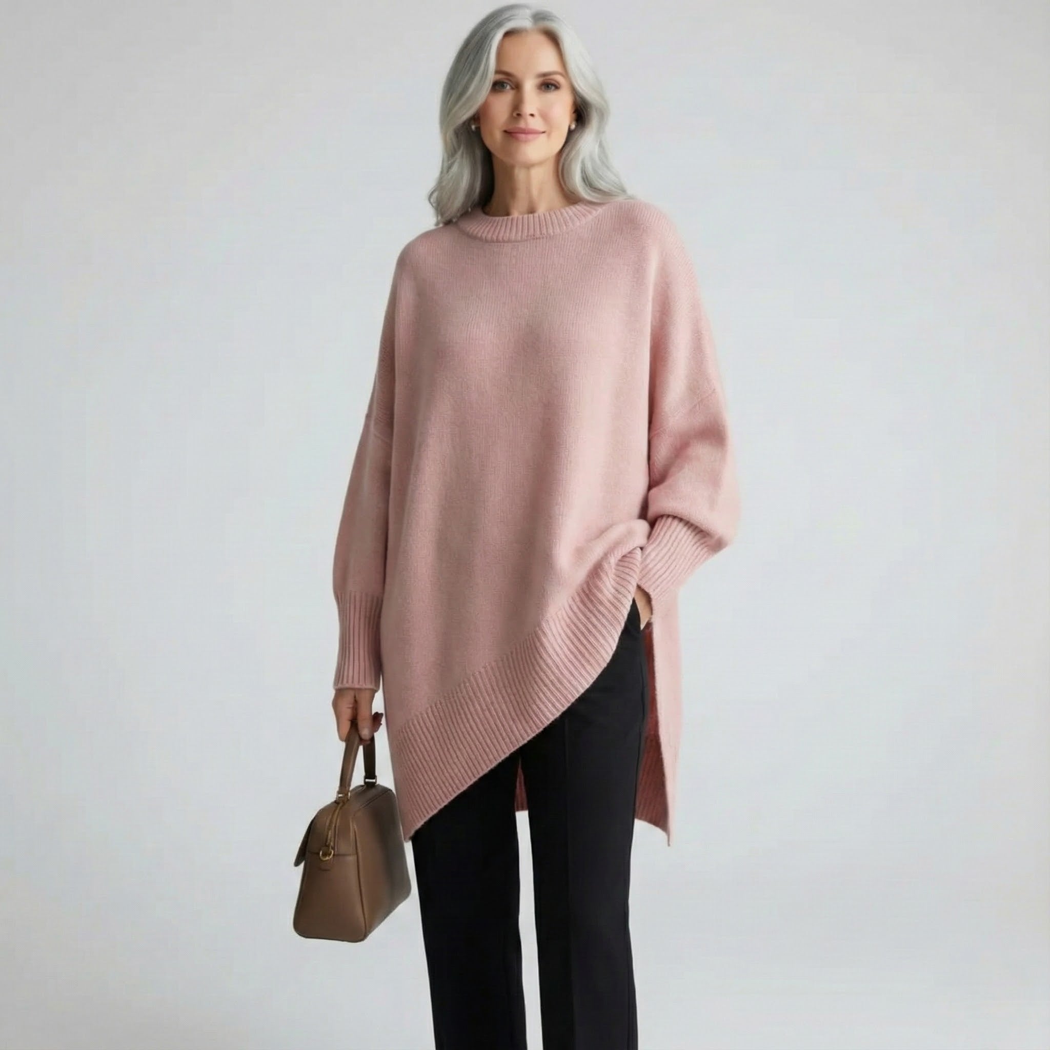 Pull élégant et confortable Claudia de Danoir Paris en beige, porté sur un mannequin, design moderne et tissu doux visible.
