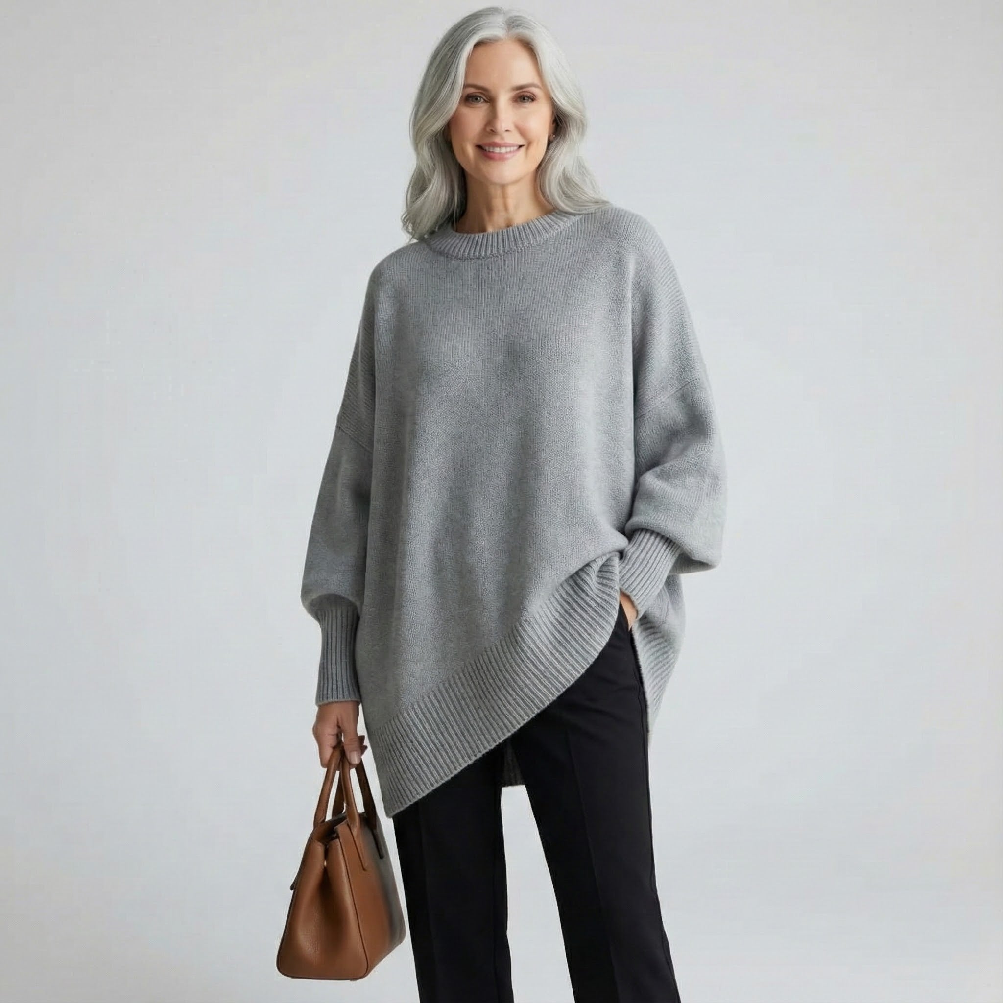 Pull beige Danoir Paris Claudia, élégant et confortable, en maille douce, porté avec col rond et manches longues.