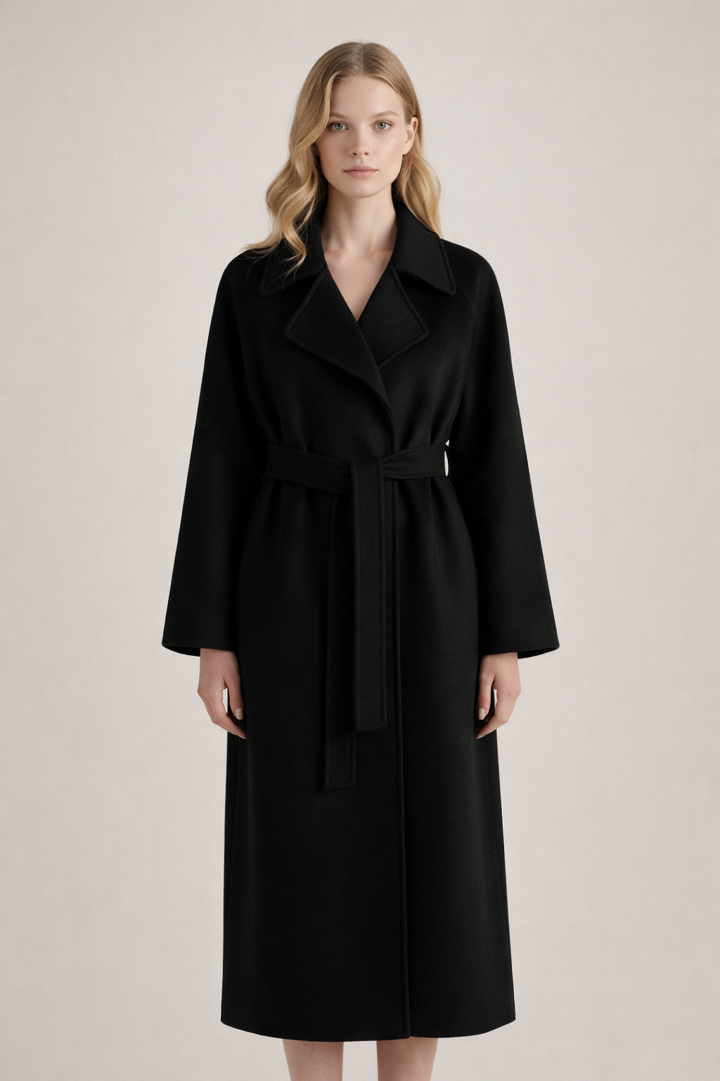 Manteau élégant beige pour femmes Danoir Paris, modèle Luise, en tissu chaud et sophistiqué, porté en extérieur.