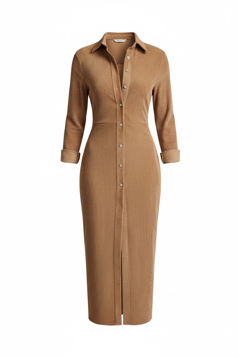 Robe décontractée élégante Sophie Danoir Paris en tissu camel, style décontracté, coupe fluide et confortable.