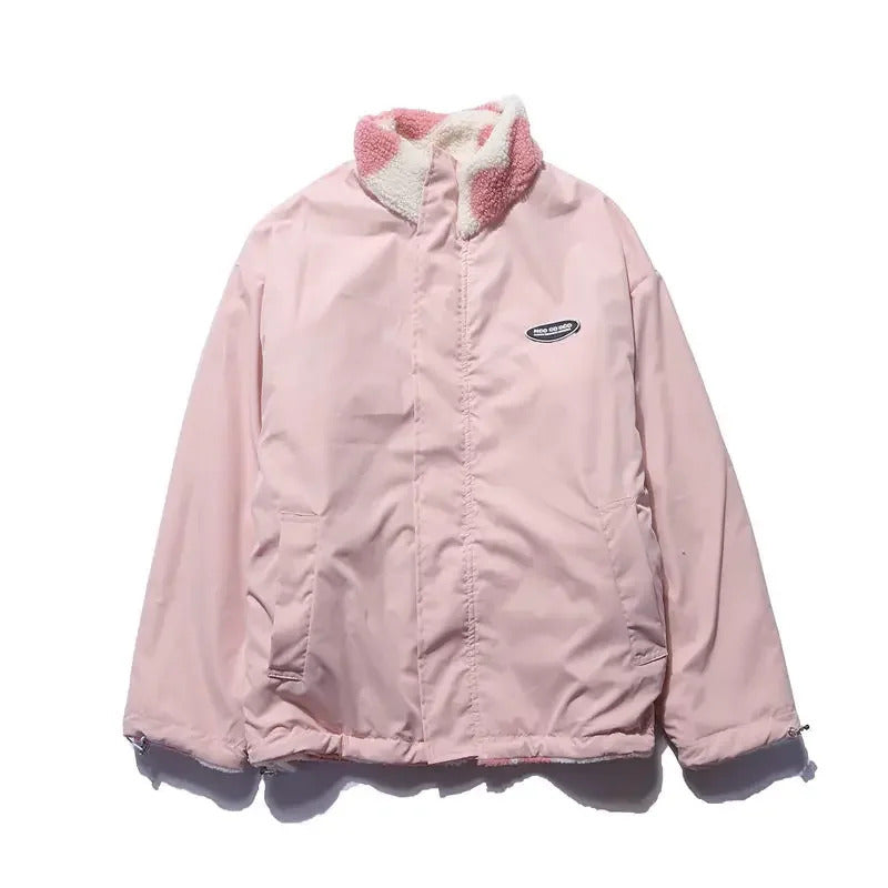 Veste réversible élégante Danoir Paris AlpenNord FR1562 en rose, montrant la face extérieure et intérieure.