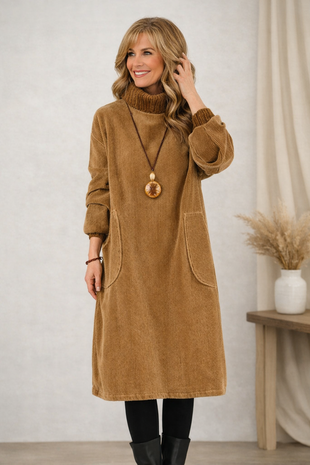 Robe d'hiver marron Lucinda de Danoir Paris, élégante et sophistiquée, avec détails en tissu chaud et coupe fluide.