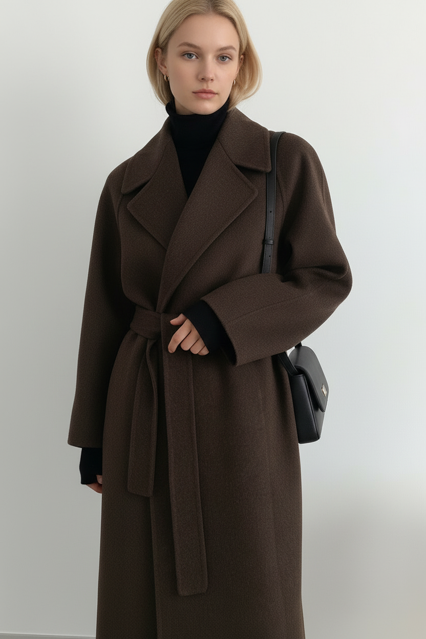 Manteau intemporel élégant Danoir Paris Mimmi, couleur marron, manche courte, tissu sophistiqué, porté sur un mannequin.