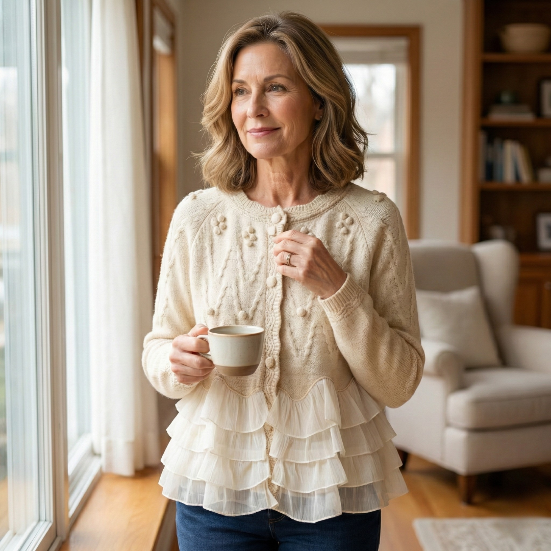 Cardigan crème Danoir Paris Natalie avec volants, élégante et légère, idéale pour un style féminin et sophistiqué.