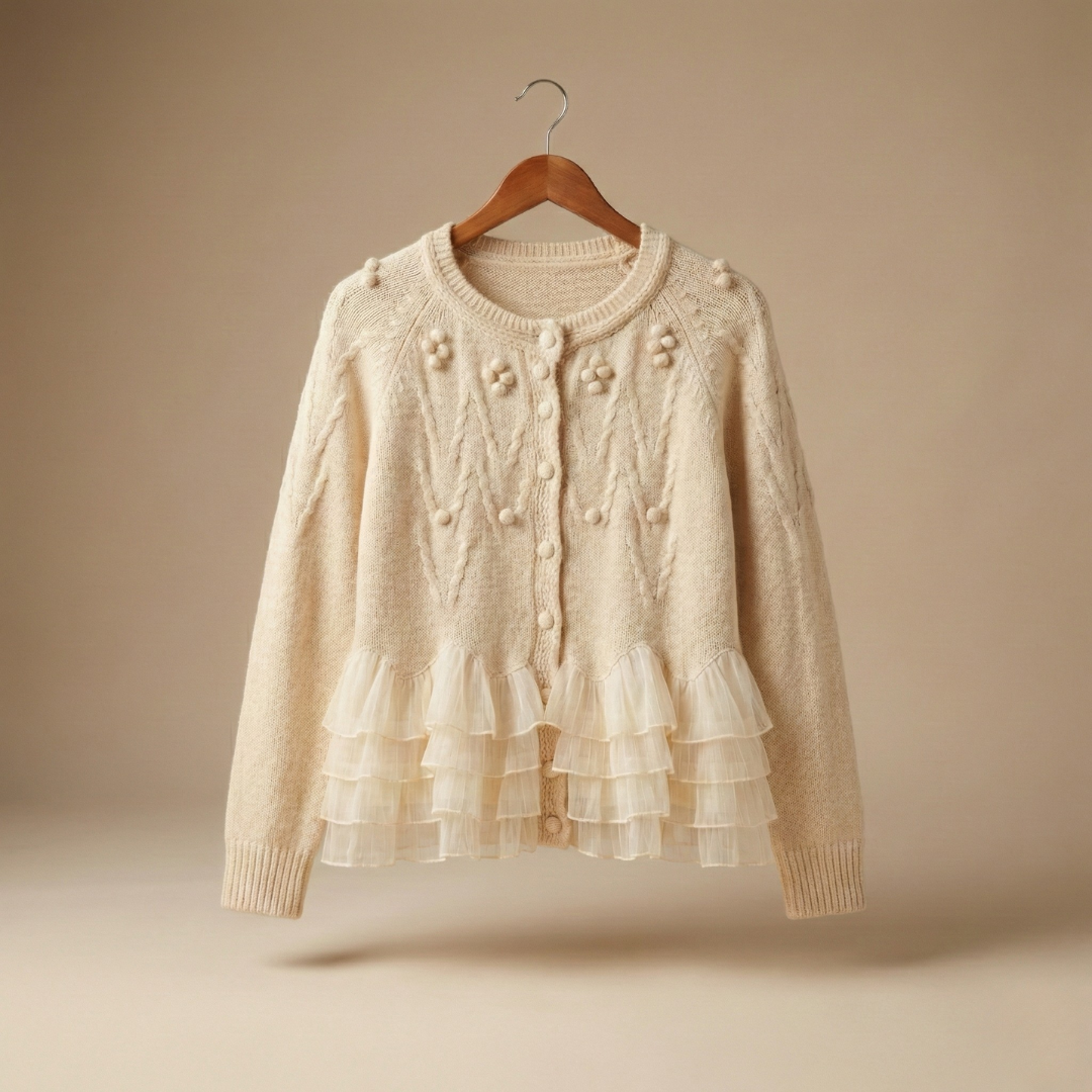 Cardigan élégant crème Natalie de Danoir Paris avec volants, vêtement féminin chic et sophistiqué, porté sur un mannequin.