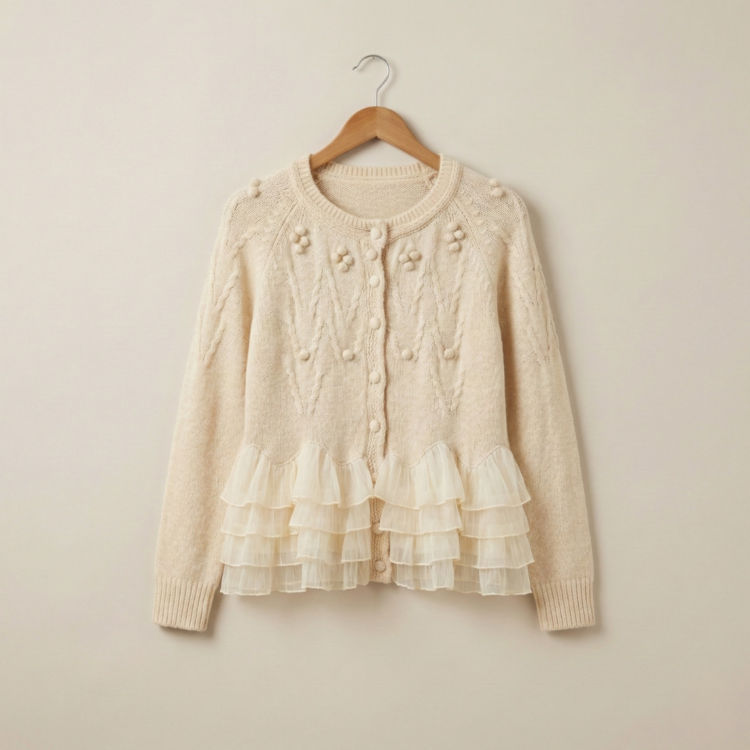 Cardigan crème Danoir Paris Natalie avec volants, vêtement élégant en tissu léger, porté sur un mannequin.