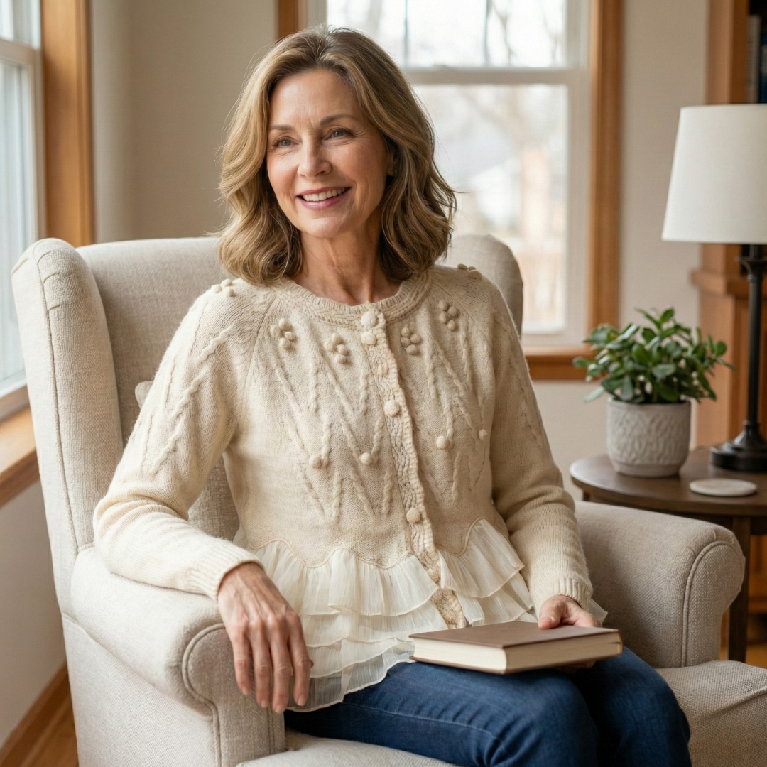 Cardigan élégant Natalie de Danoir Paris avec volants crème, détail mode sophistiqué, porté en style chic et féminin.