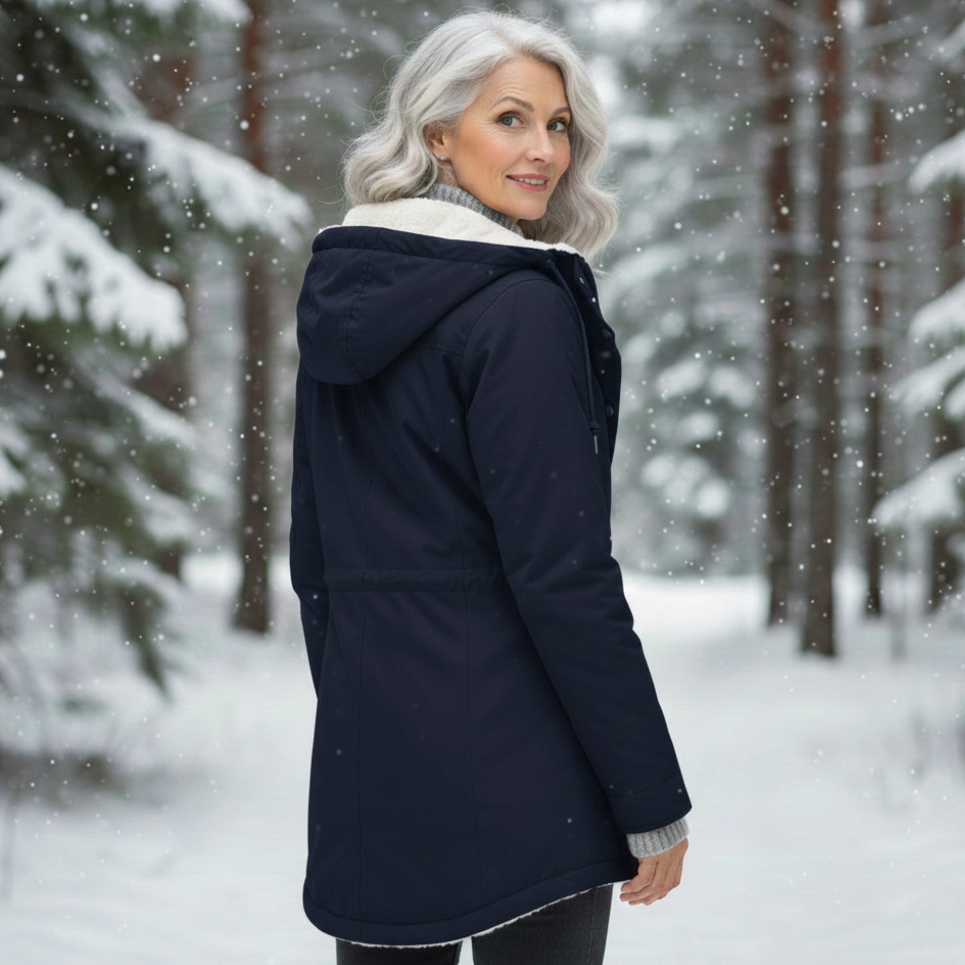 Veste hivernale élégante Danoir Paris Adeline en gris, coupe ajustée, idéale pour l'hiver, vue de face sur mannequin.