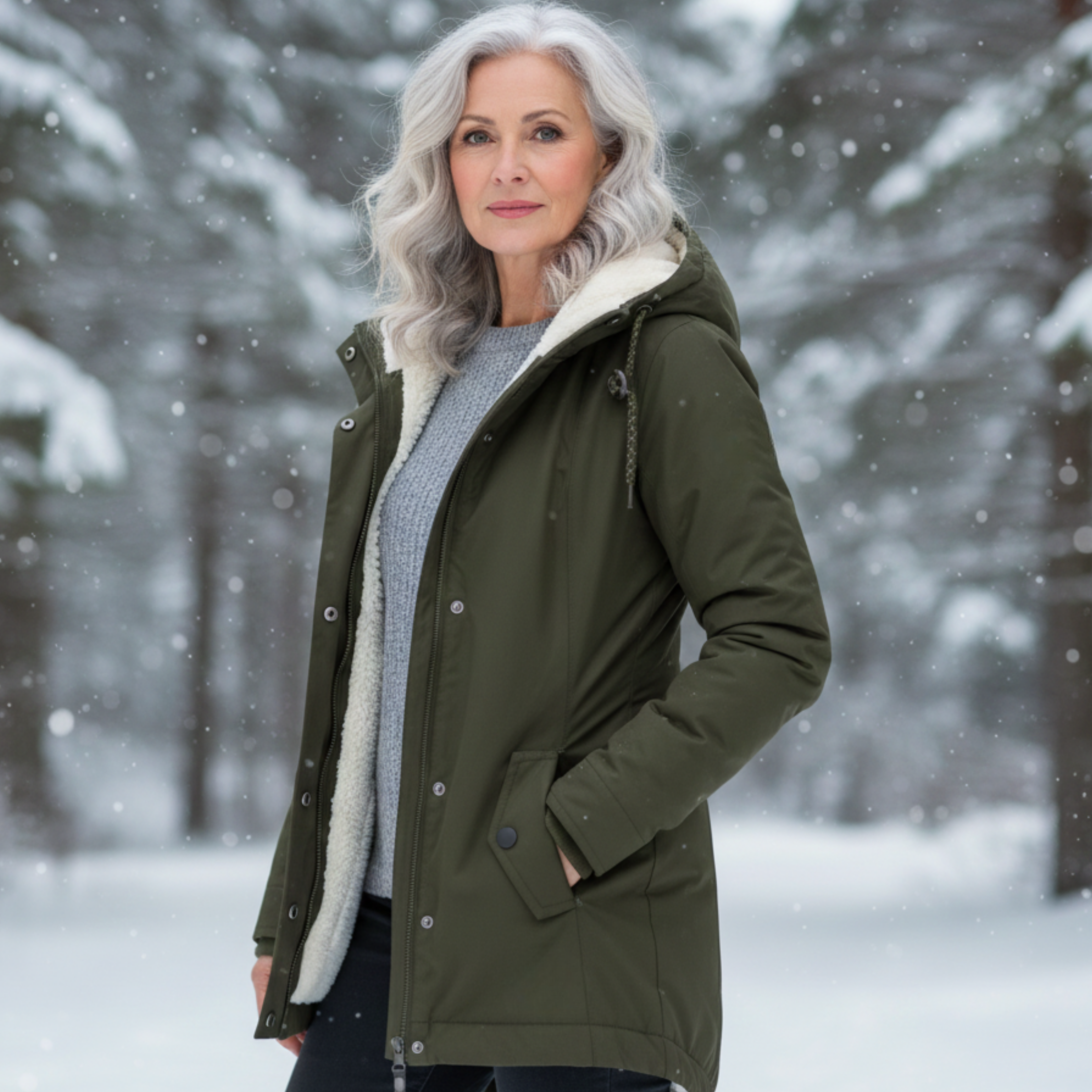 Veste élégante d'hiver Danoir Paris Adeline, gris, taille XS, en tissu chaud et sophistiqué, vue de face.