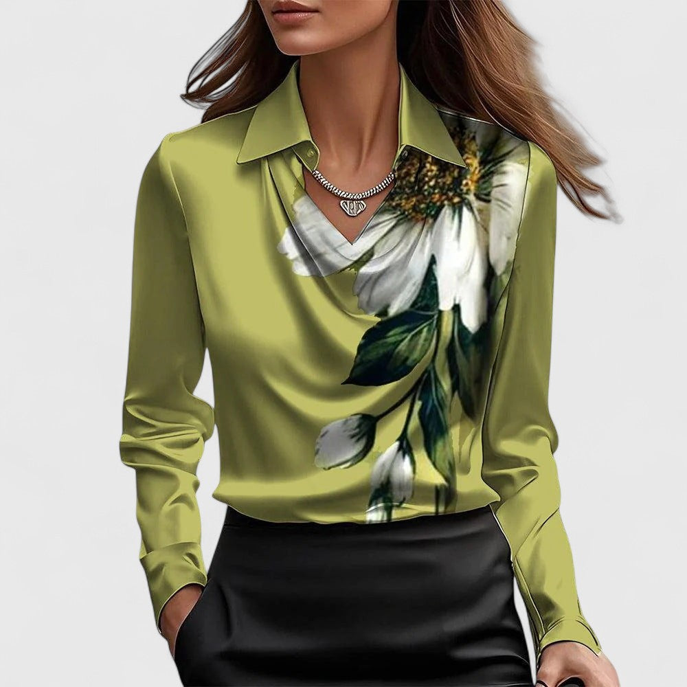 Haut chic polyvalent Brooklyn de Danoir Paris, taille XS, en tissu élégant de couleur or, porté sur mannequin.