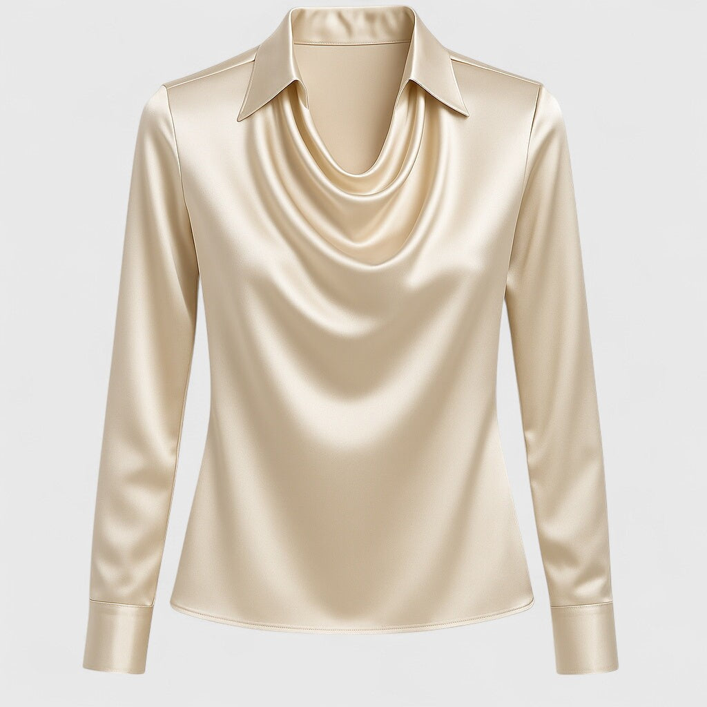 Haut chic polyvalent Brooklyn de Danoir Paris, taille XS, en tissu élégant de couleur or, porté sur un mannequin.