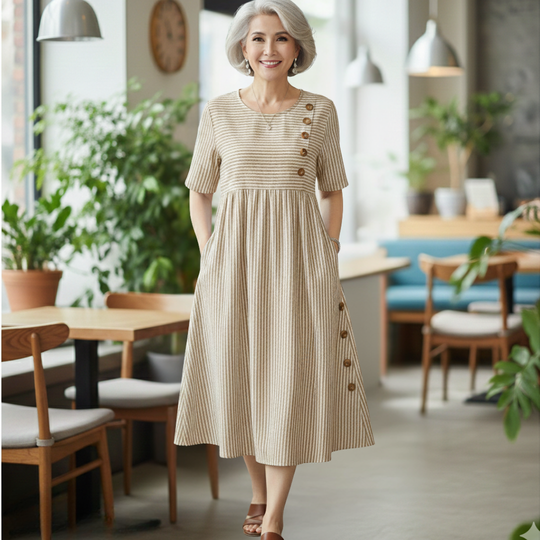 Robe midi rayée Danoir Paris Wanda en tissu confortable, bleu et blanc, portée sur un mannequin.