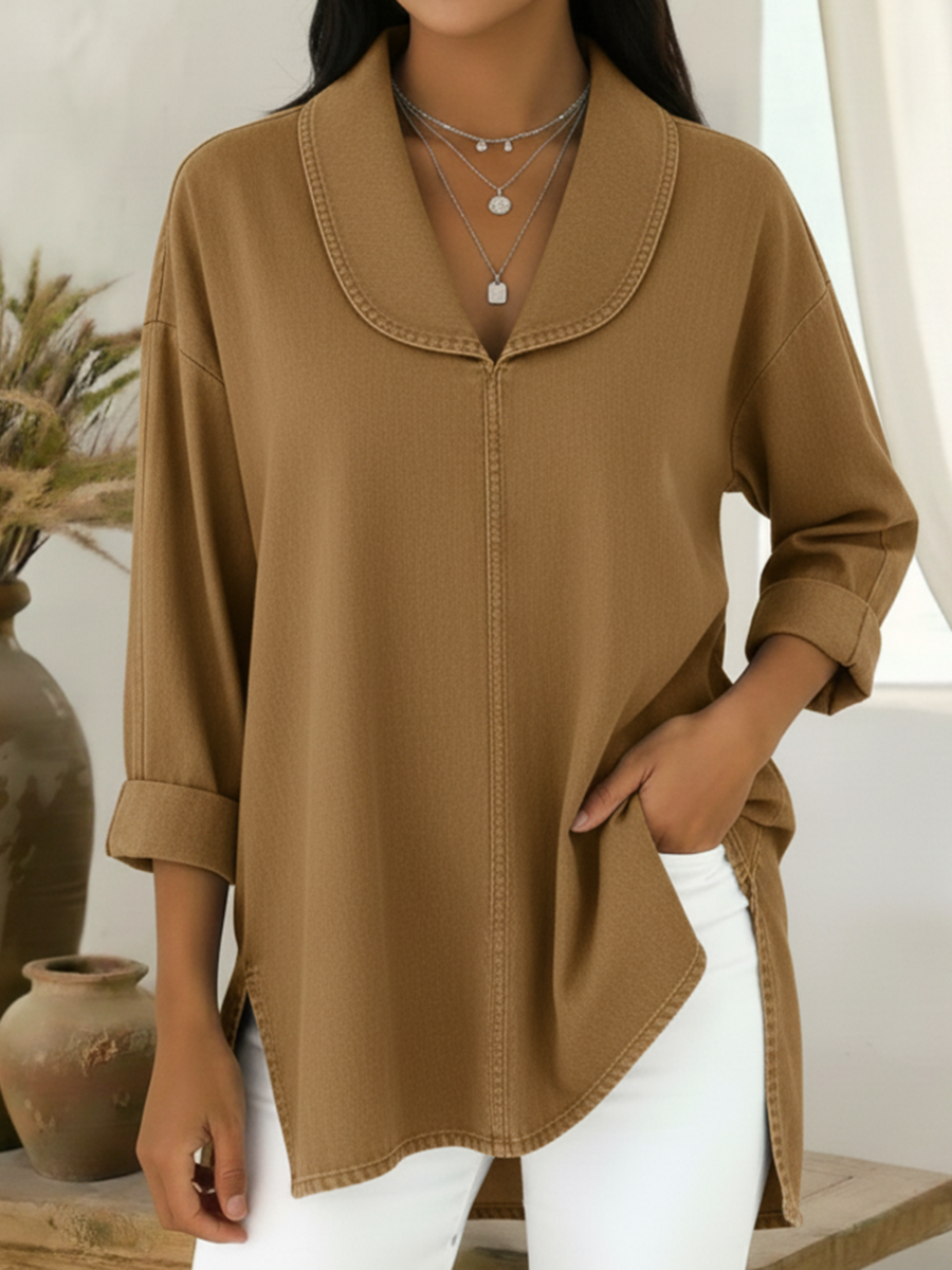 Chemise rétro chic Danoir Paris Prysaviennea en kaki, style élégant, coupe classique, tissu léger pour femme.