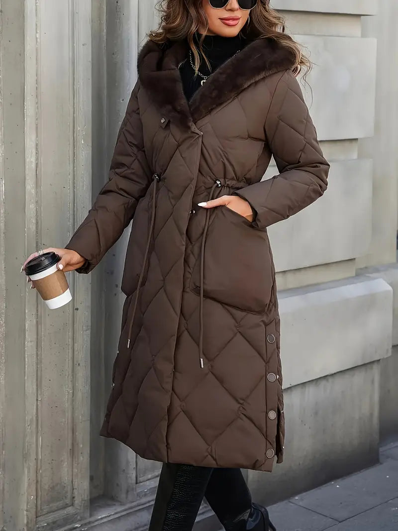 Manteau d'hiver élégant Danoir Paris Jeane, coupe sophistiquée, en tissu marron avec détails raffinés, pour femme.