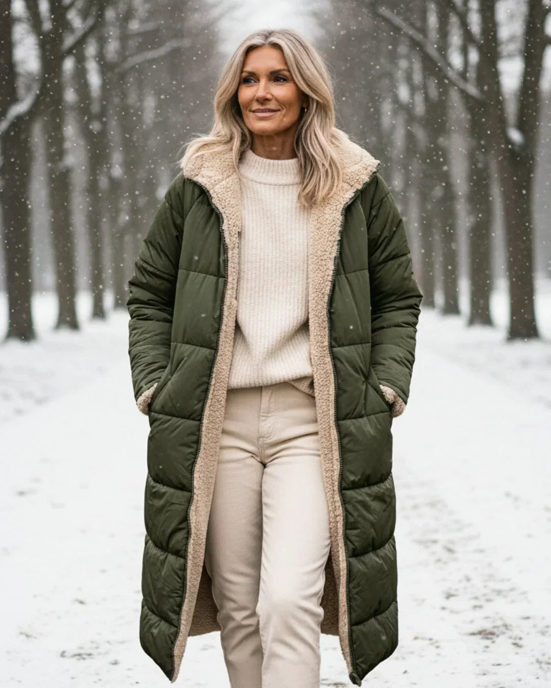 Manteau long réversible pour femmes de Danoir Paris, modèle Layla, en vert élégant, porté en version double face.