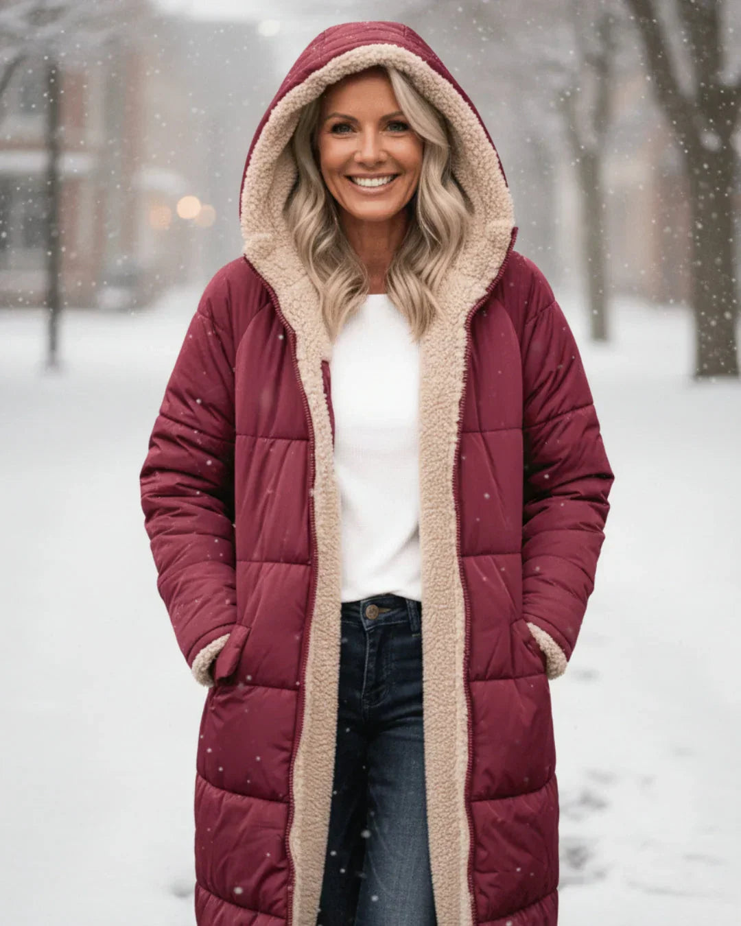 Manteau long réversible vert Danoir Paris Layla, style élégant et sophistiqué, porté en version réversible avec doublure visible.