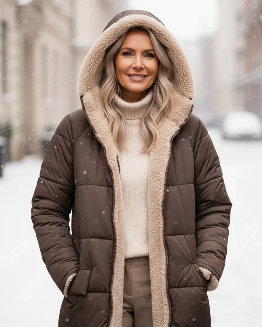 Manteau long réversible élégant Layla de Danoir Paris, en vert, porté en version double face, style sophistiqué.