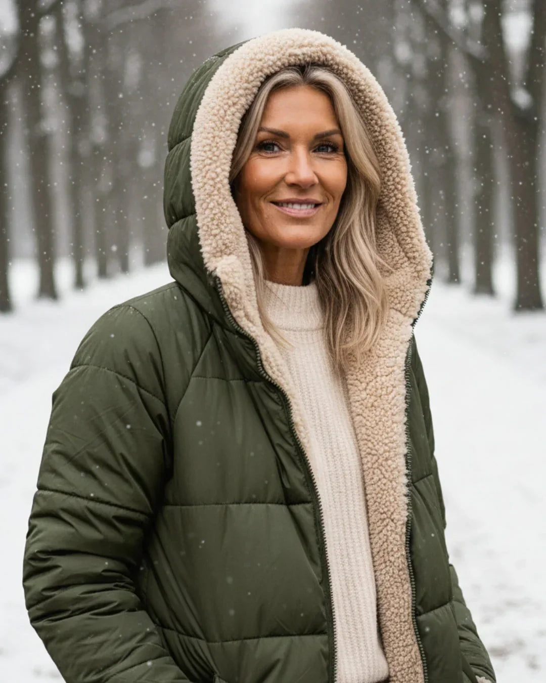 Manteau long réversible vert Danoir Paris Layla, style élégant et sophistiqué, porté en version visible dans l'image.