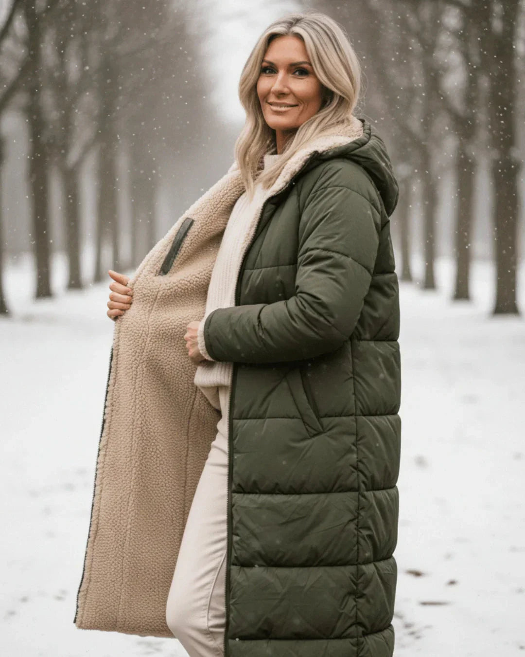 Manteau long réversible Danoir Paris Layla en vert, élégance et confort, porté ou posé sur un mannequin.