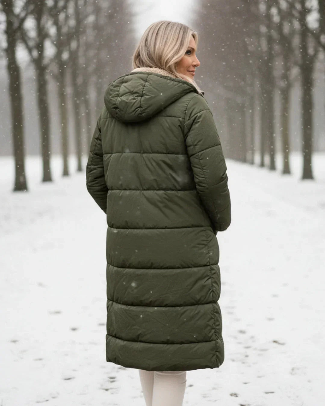 Manteau long réversible élégant Danoir Paris Layla en vert, style sophistiqué et tissu chaud pour femme.