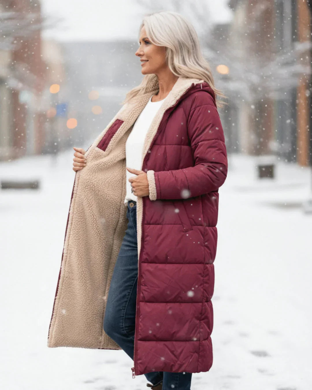 Manteau long réversible Danoir Paris Layla en vert, élégante coupe avec détails raffinés, porté en mode reversible.