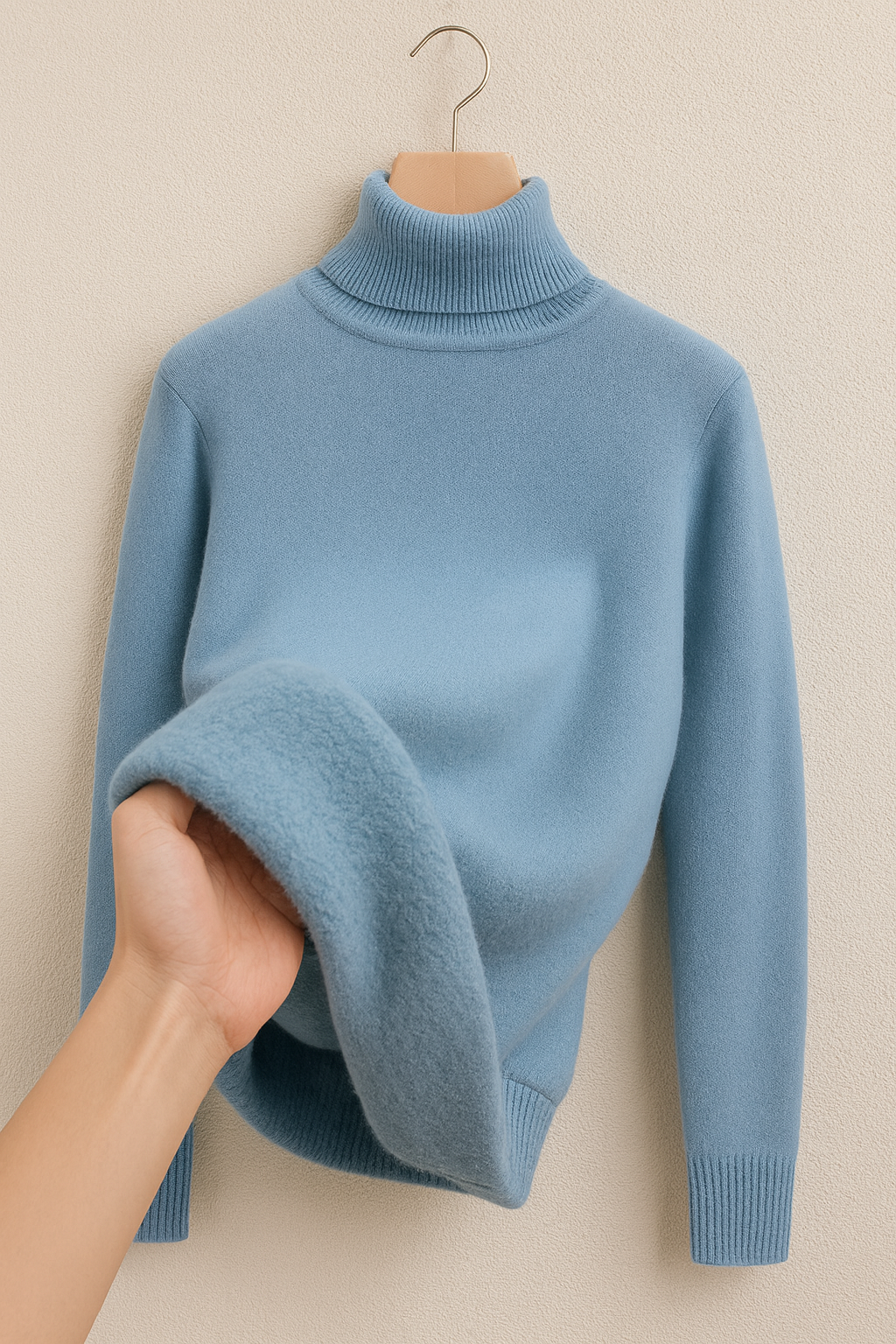 Pull doublé Sophie de Danoir Paris, élégant, couleur caramel, en laine douce, porté sur mannequin, style chic et confortable.