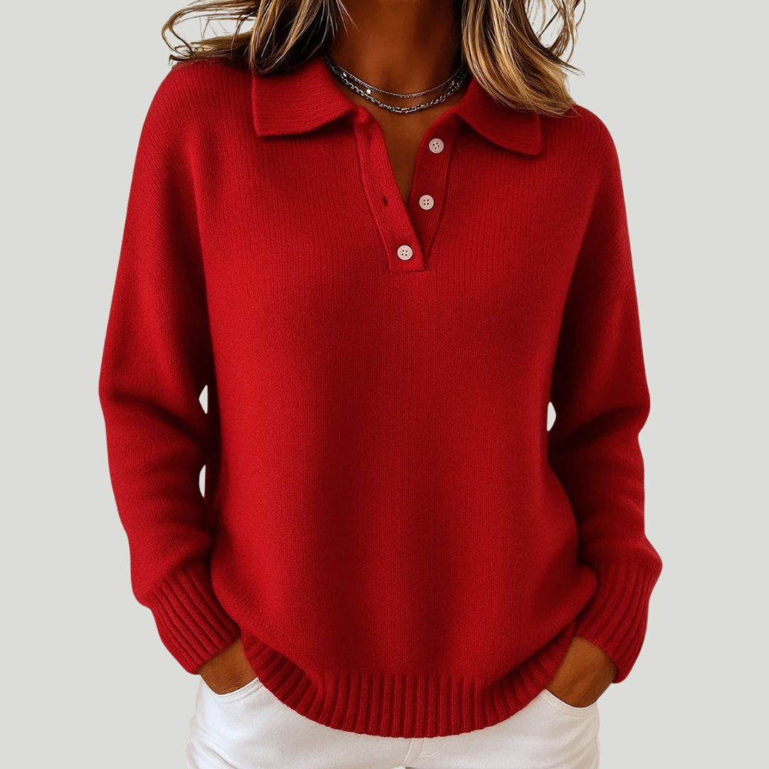 Pull doux blanc Danoir Paris FR1618 avec motif Clémentine, doux et élégant, porté sur mannequin.