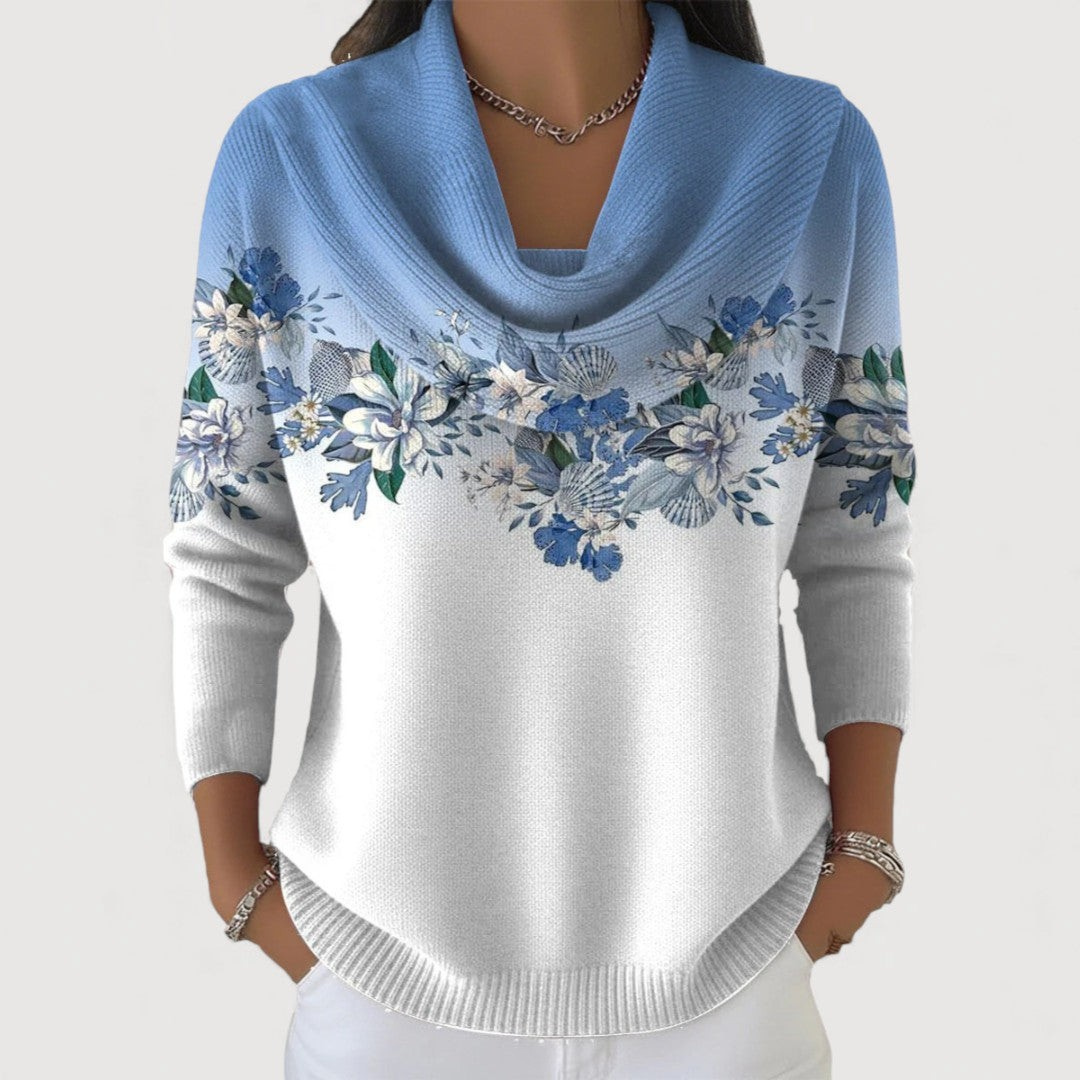 Pull élégant en fleurs Danoir Paris FR1623, couleur chameau, avec motif floral sophistiqué, porté par un mannequin.