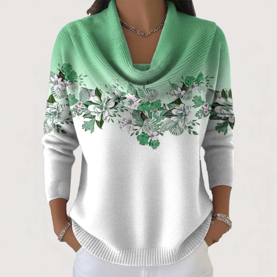 Pull élégant en fleurs de la marque Danoir Paris, coloris chameau, modèle FR1623, avec motifs floraux sophistiqués.