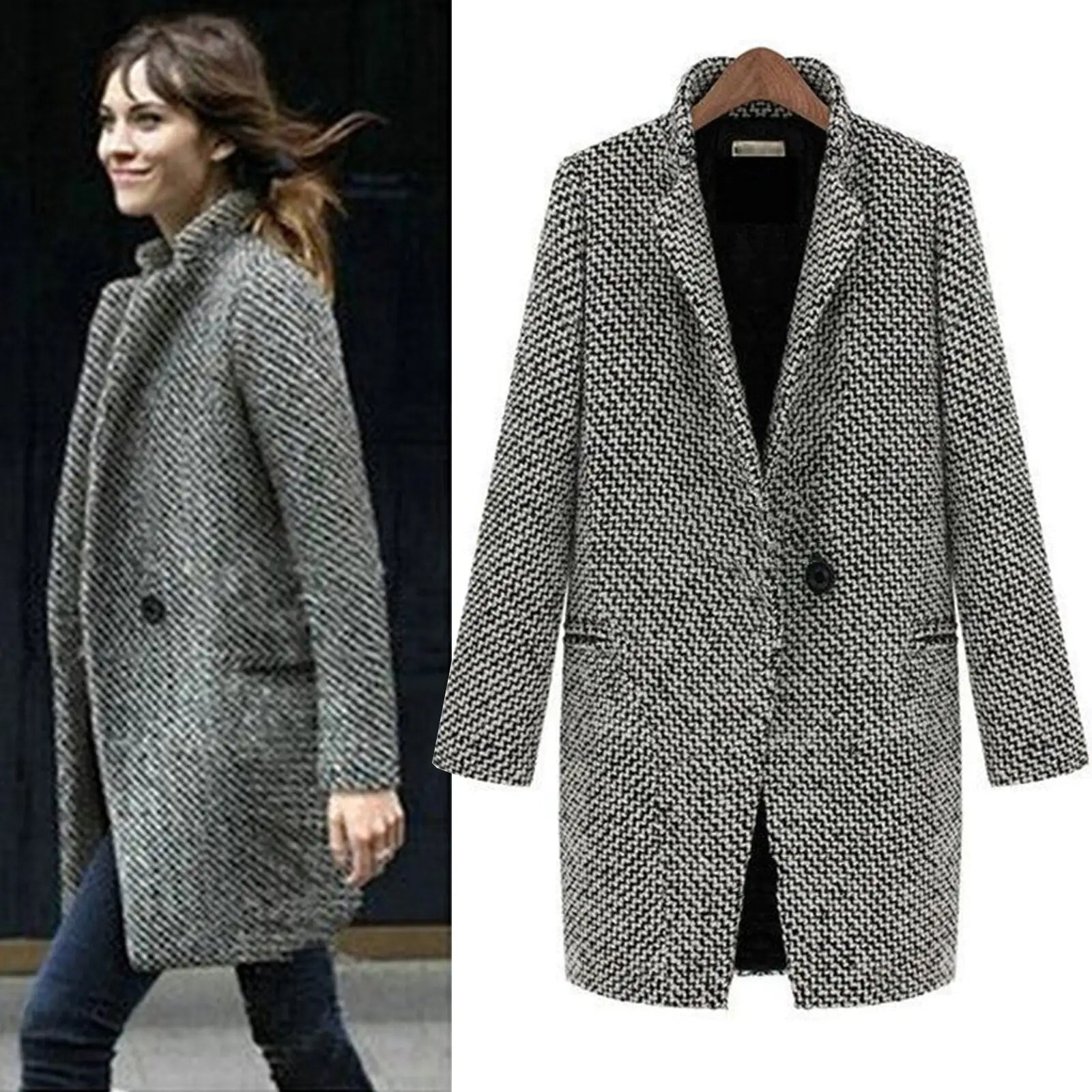 Manteau chic d'hiver Cheska de Danoir Paris, noir et blanc, style élégant, porté par un mannequin.