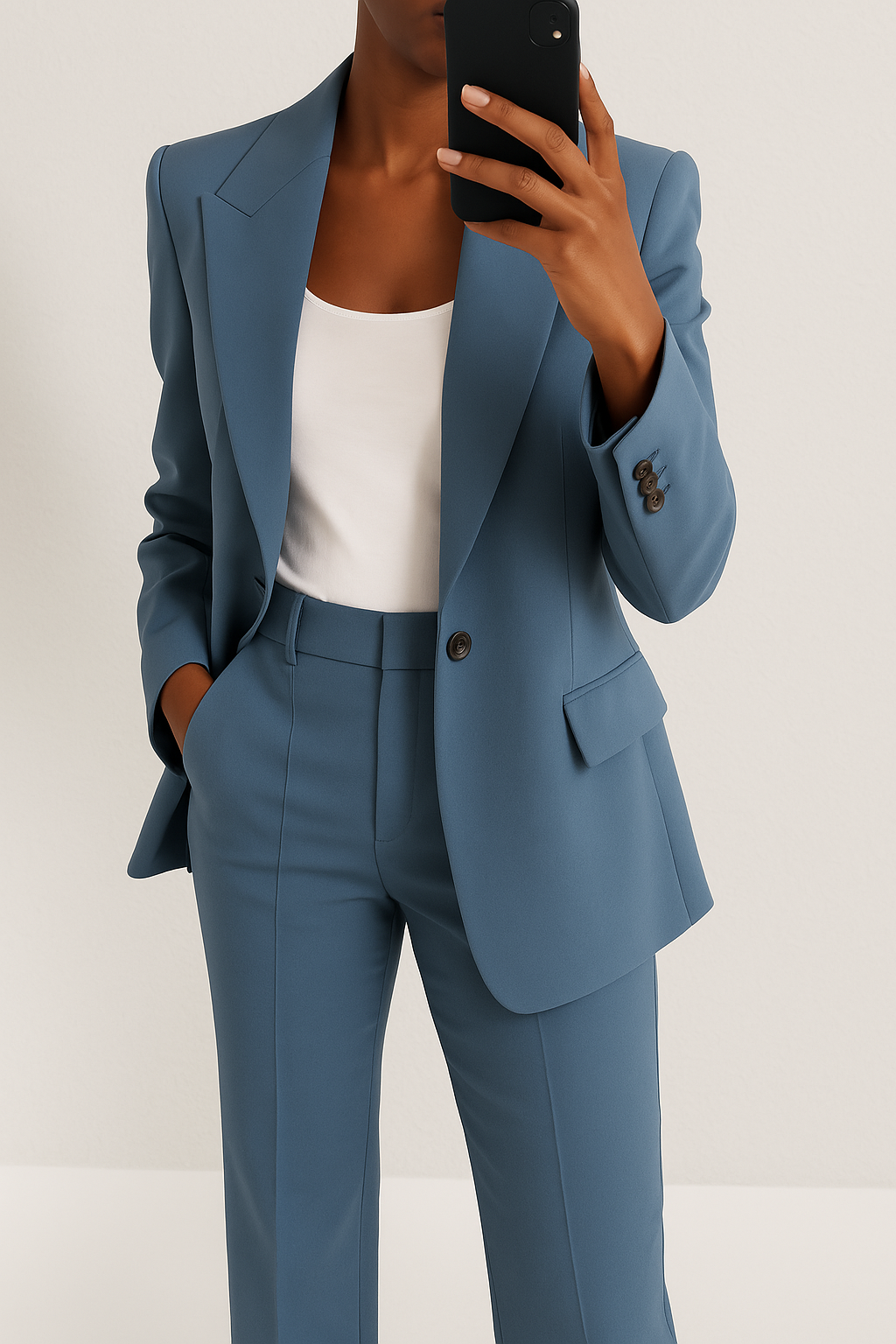 Costume élégant Camille FR818 de Danoir Paris en bleu, style polyvalent avec détails sophistiqués.