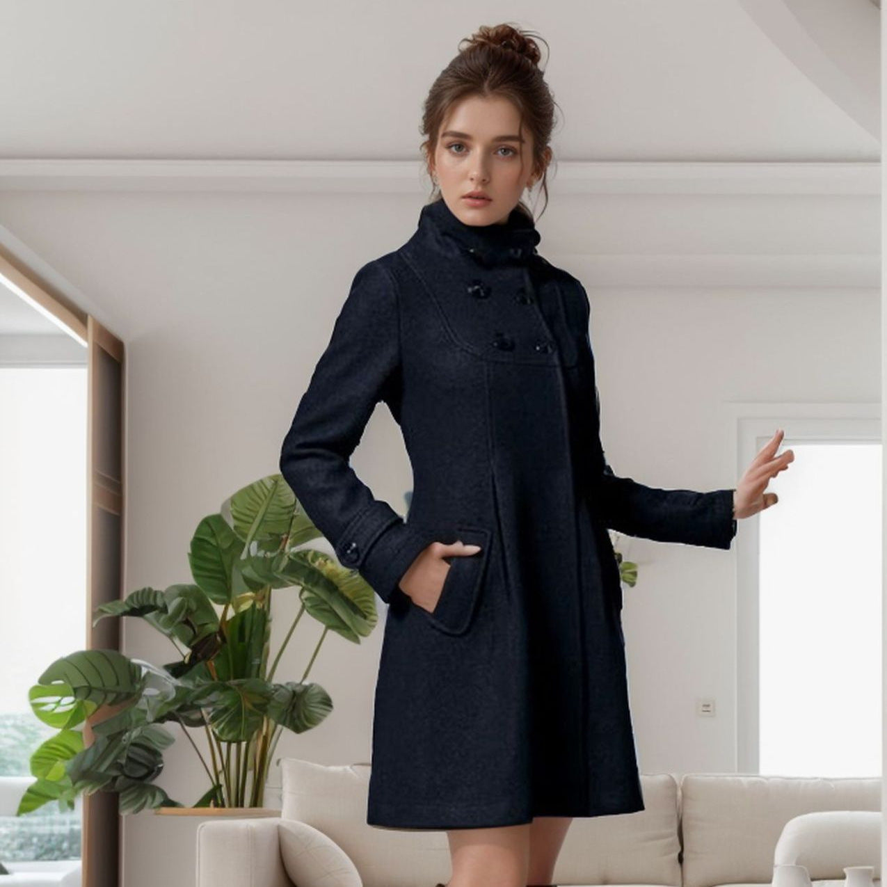 Veste élégante Danoir Paris Alice FR820 vert foncé avec capuche, style moderne et confortable, vue de face.
