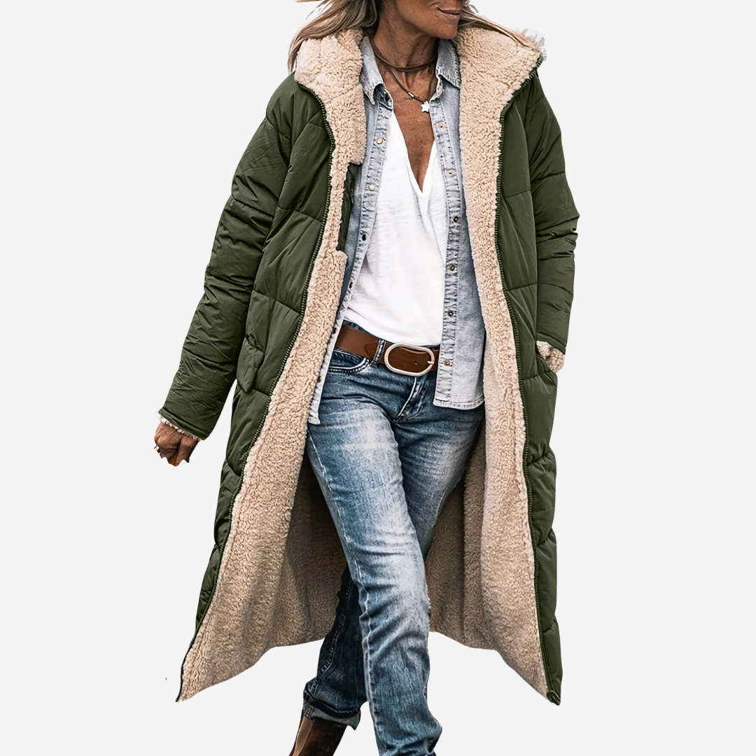 Manteau d'hiver chic noir Amelia de Danoir Paris, style élégant, en tissu chaud et confortable, vue de face.