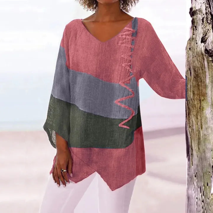 Tunique artistique élégante Leviana de Danoir Paris en rouge, design sophistiqué pour femme, vue de face.