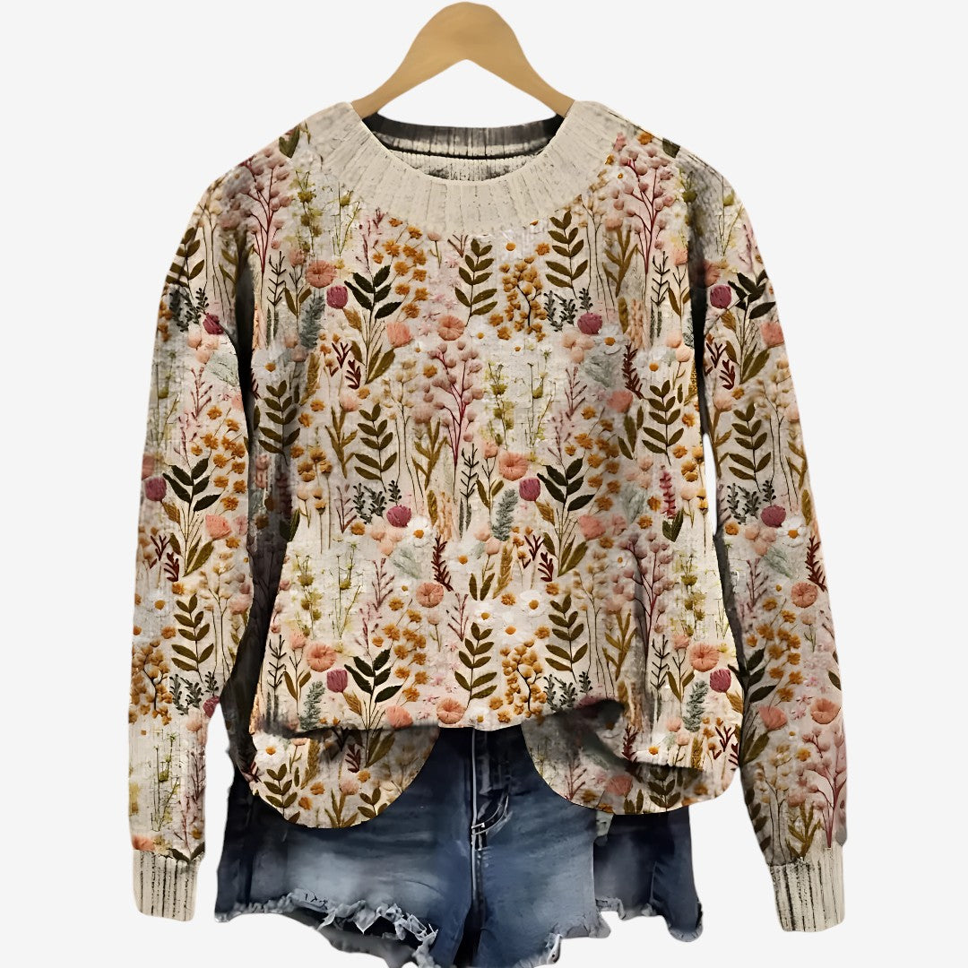 Pull floral élégant Nova Danoir Paris FR866 beige, doux et léger, avec motif floral fin, idéal pour un style chic et sophistiqué.