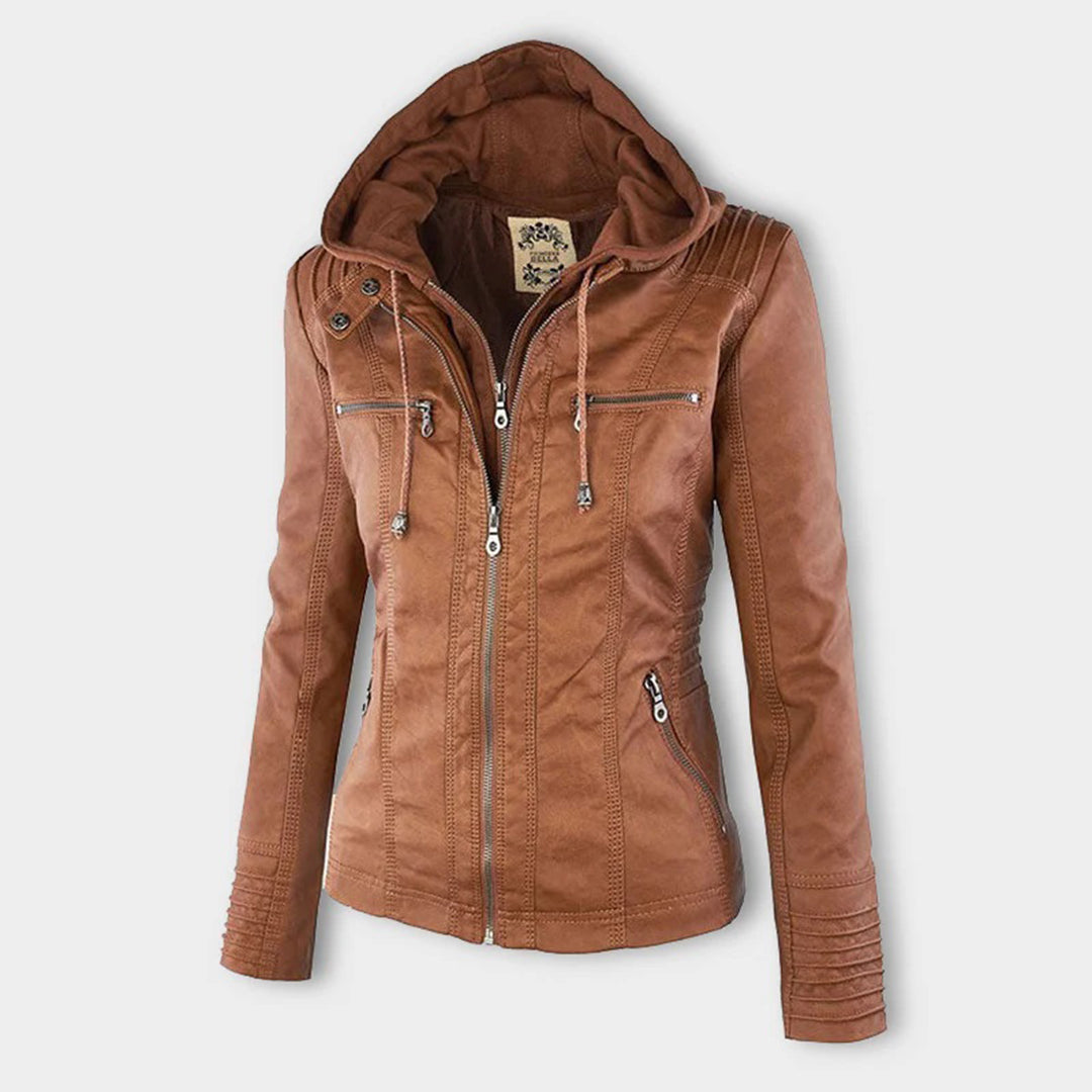 Veste motard élégante Kiana de Danoir Paris, en marron, taille XS, avec détails sophistiqués, vue de face.