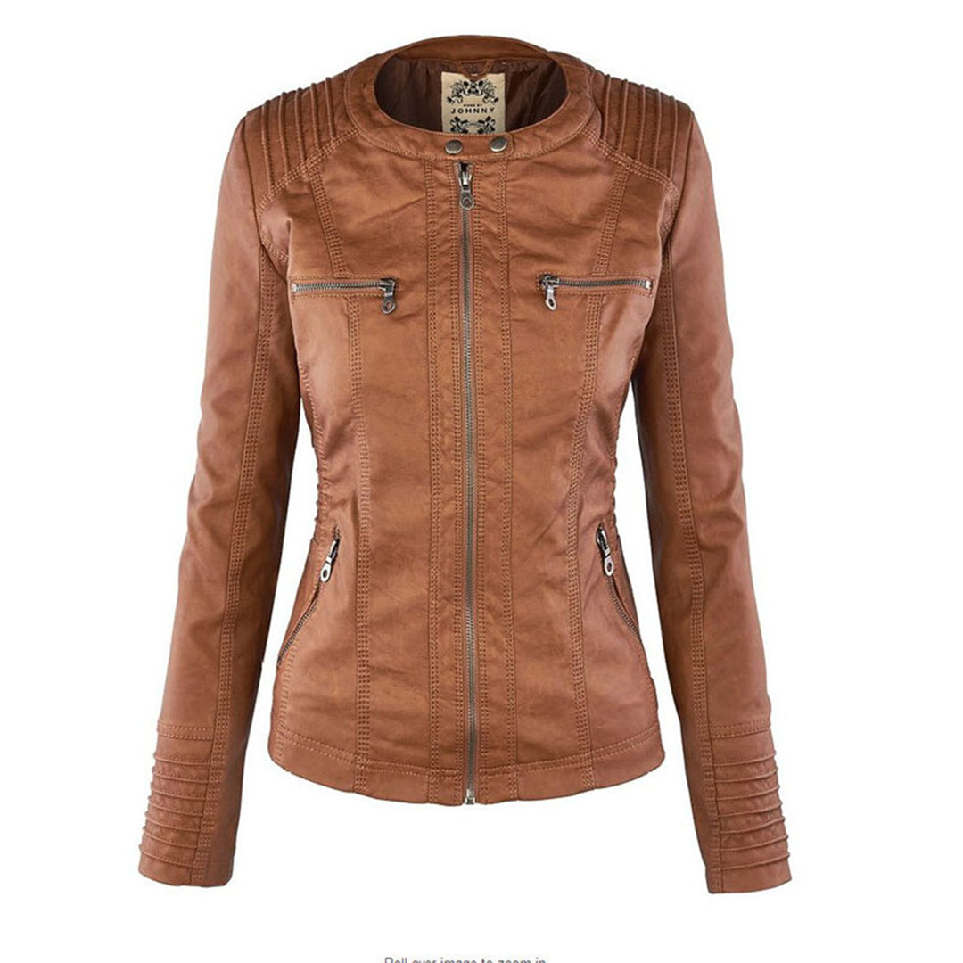 Veste motard élégante Kiana de Danoir Paris en marron, coupe ajustée, style moderne, visible sur mannequin en XS.