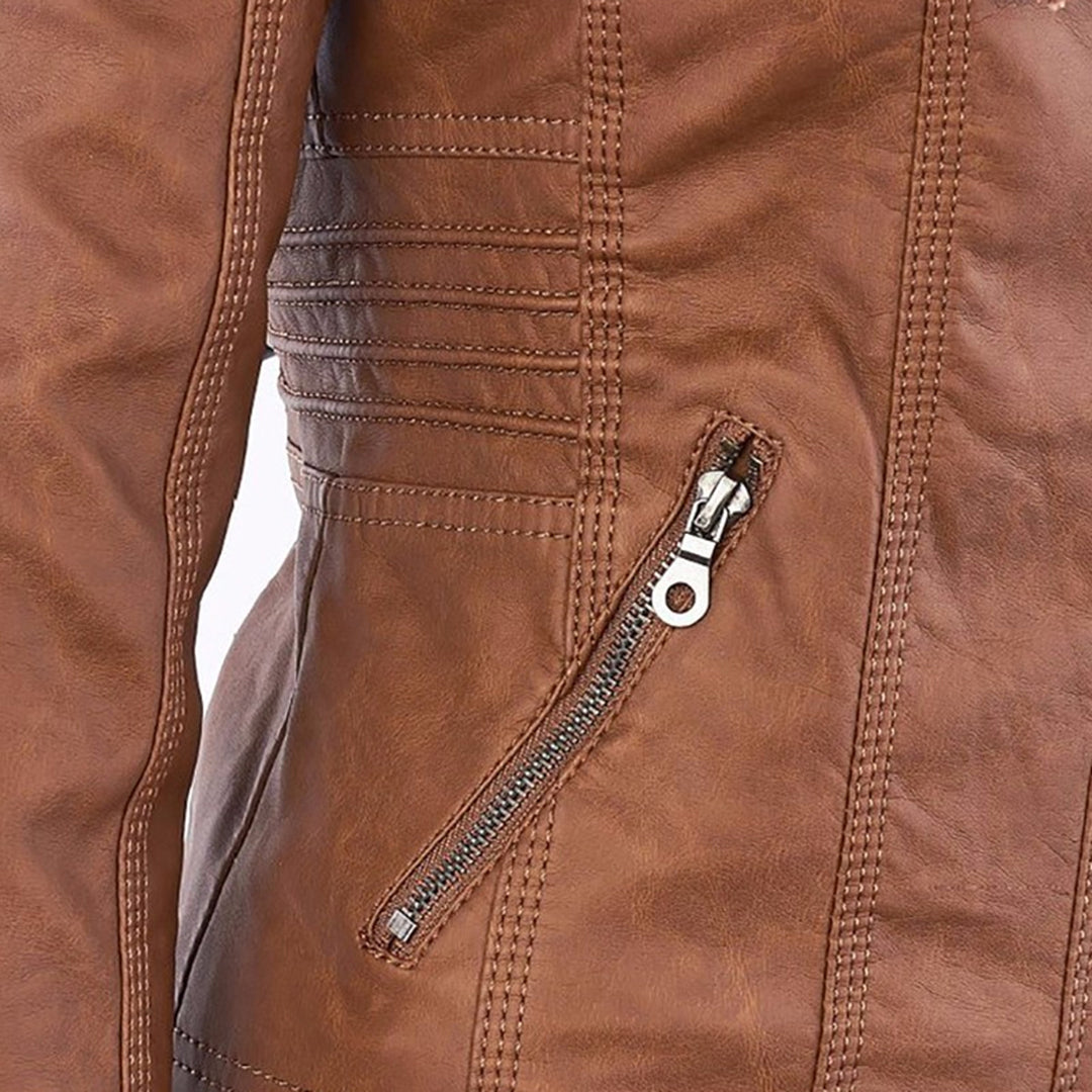Veste motard élégante Kiana de Danoir Paris, coupe ajustée en marron, taille XS, style chic et moderne.