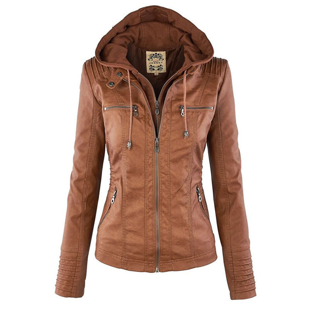 Veste motard élégante Kiana de Danoir Paris en marron, style chic et tendance, vue de face sur mannequin.