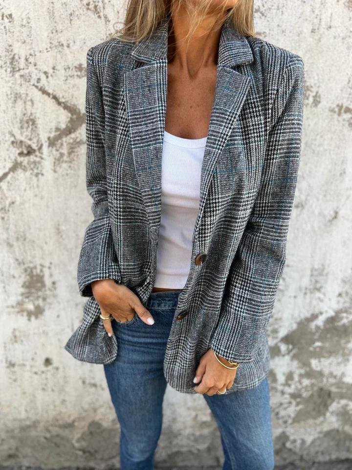 Manteau à carreaux élégant Danoir Paris FR882 avec motif floral marron, style sophistiqué pour l'hiver.