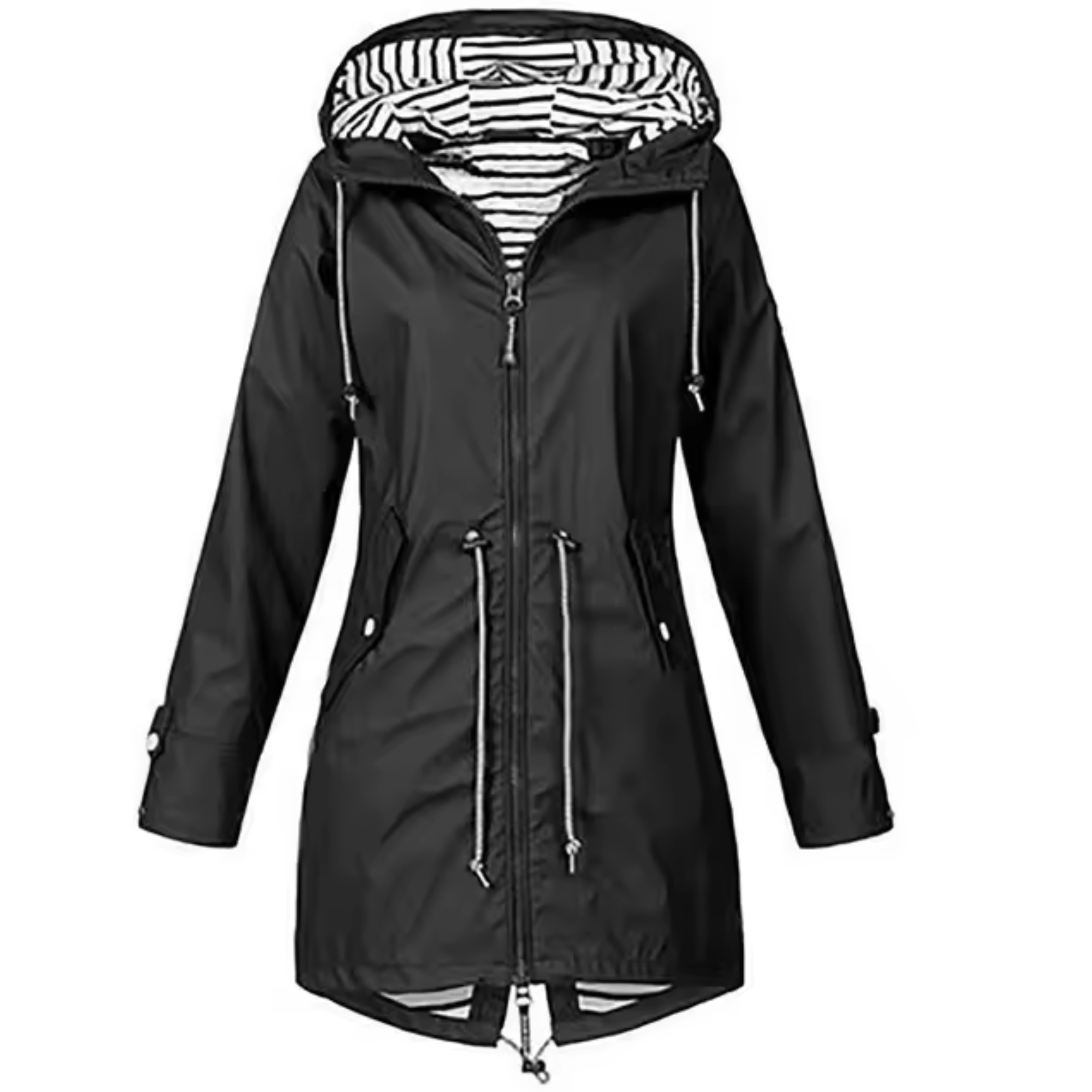 Veste waterproof élégante Linde de Danoir Paris, coupe moderne, en tissu noir, adaptée pour la pluie et les temps humides.
