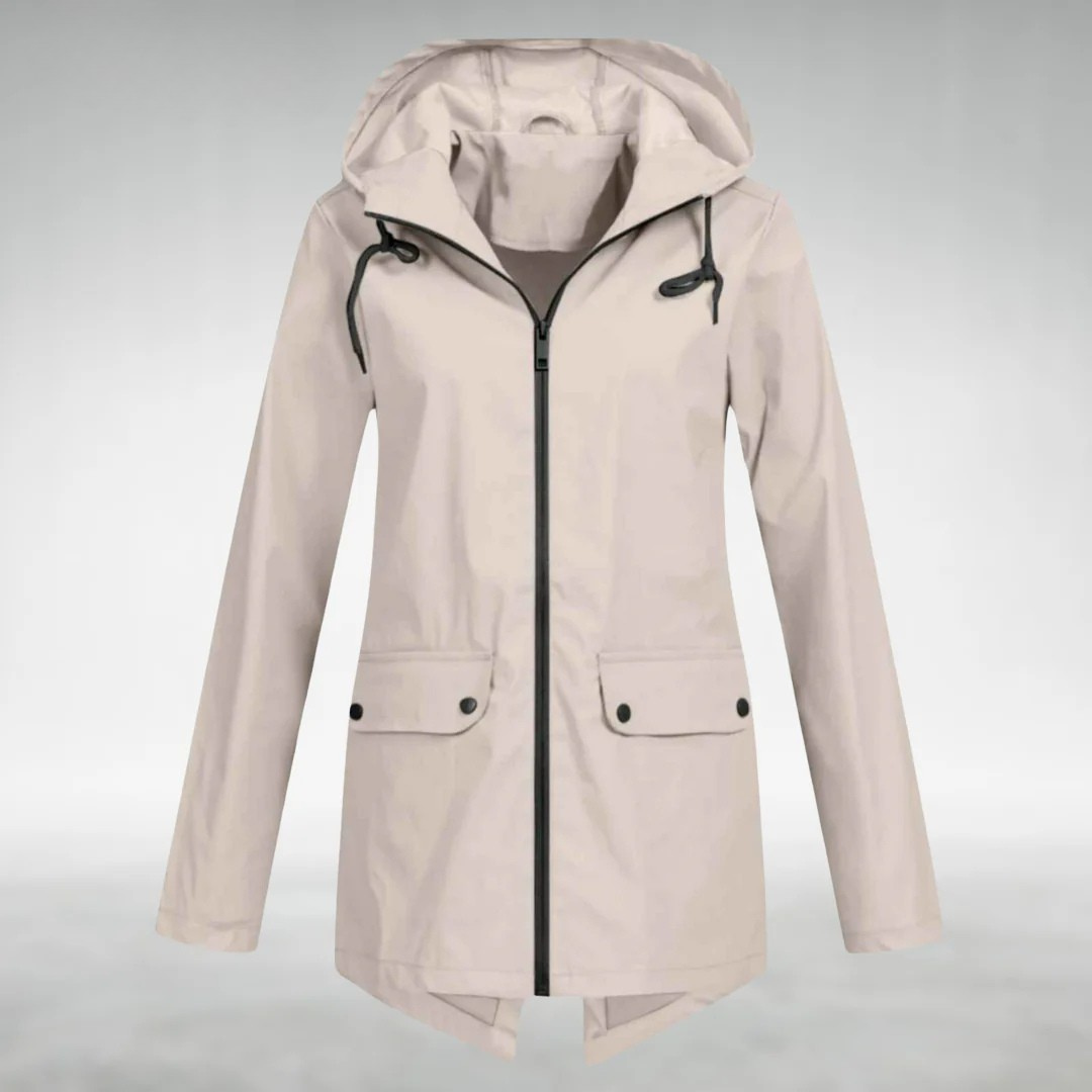 Vêtement imperméable élégant Danoir Paris FR902, bleu, pour femme, avec capuche et détails raffinés, parfait pour la pluie.