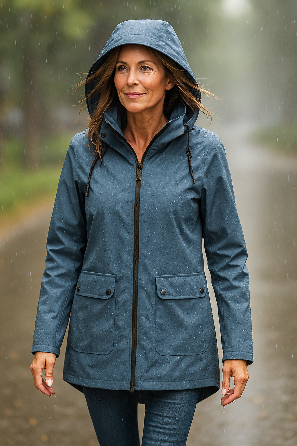 Vêtement imperméable élégant FR902 de Danoir Paris en bleu, porté par un modèle, mettant en valeur son style sophistiqué.
